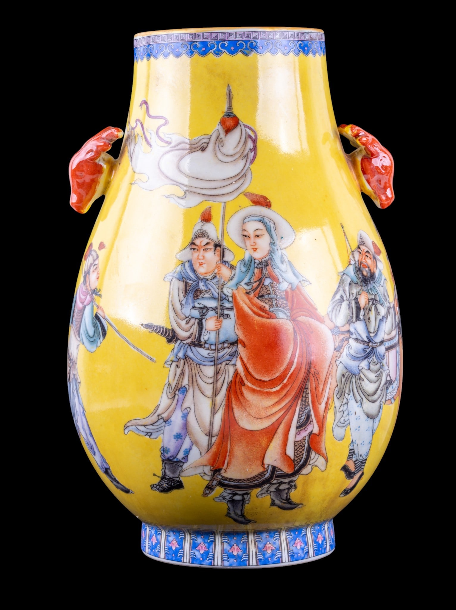 Chinese Yellow Ground Famille Rose Vase: Large 20th century Chinese porcelain baluster vase with yellow ground, decorated with immortals and attendants in a landscape scene, reverse with calligraphy.. Interior in turquoise glaze. Molded anim