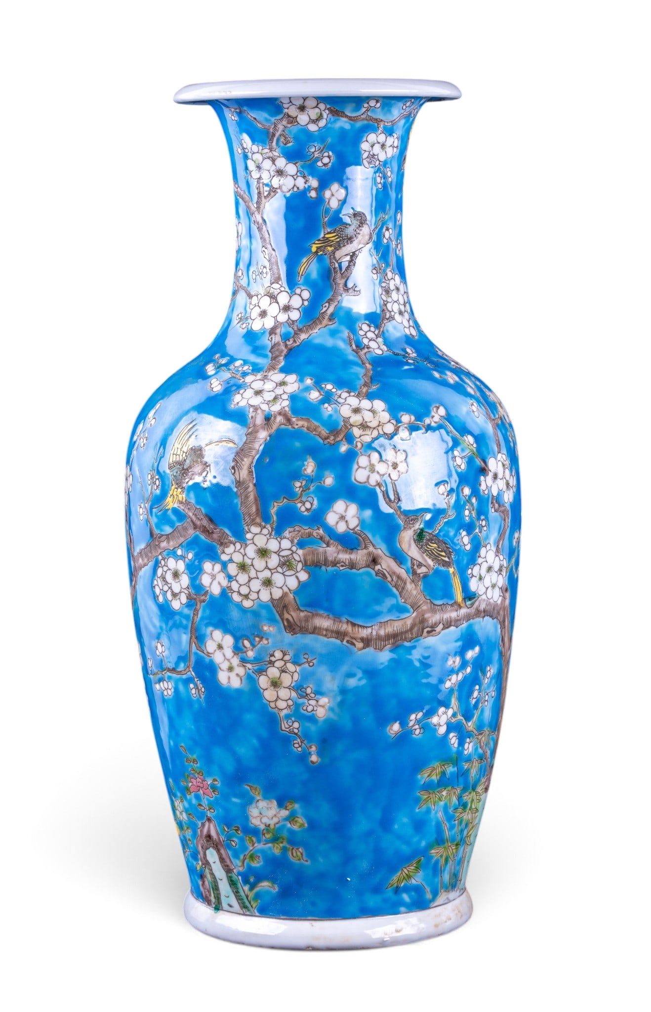 Chinese Porcelain Vase w/ Plum Blossoms: Chinese porcelain baluster-form vase with flared rim featuring a blue ground with white plum blossom designs along with butterflies. Base bears a six-character mark to underside. Measures approx. 16.7