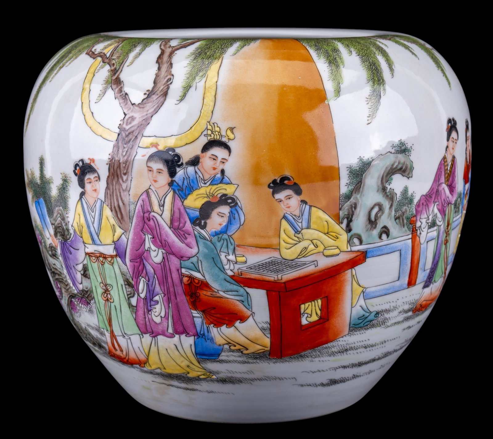 Chinese Porcelain Jar: Chinese 20th century porcelain jardiniere featuring painted figural scenes in a garden setting with calligraphy to reverse. Measures approx. 8.75" H x 10" Diameter.