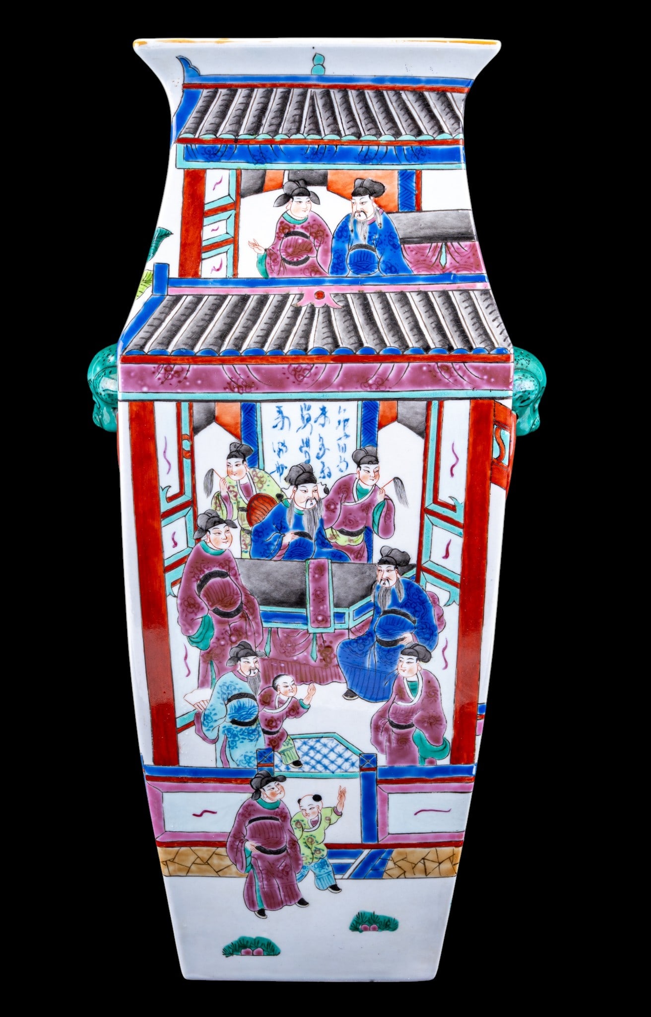 Chinese Porcelain Famille Rose Squared Vase: 20th century Chinese porcelain vase in squared form with famille rose enamels depicting scenes of figures in garden setting. Animal-form handles to neck. Measures approx. 16.25" H x 8" W x 5.5" D. Unm