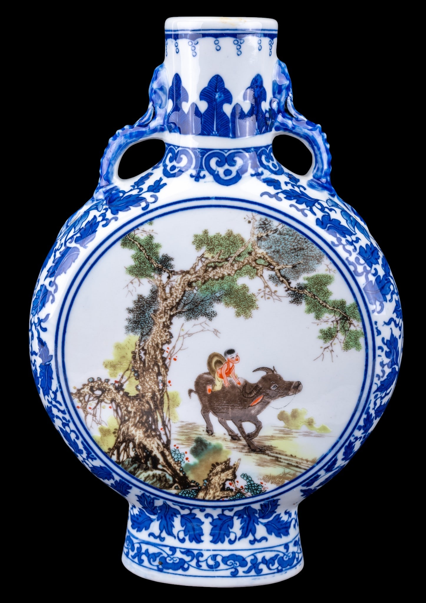 Chinese Blue and White Porcelain Moon Flask: Chinese 20th century blue and white porcelain moon flask vase featuring figural scenes of children surrounded by dense floral and scrolling foliate motifs. Underside bears blue square seal mark. Measu