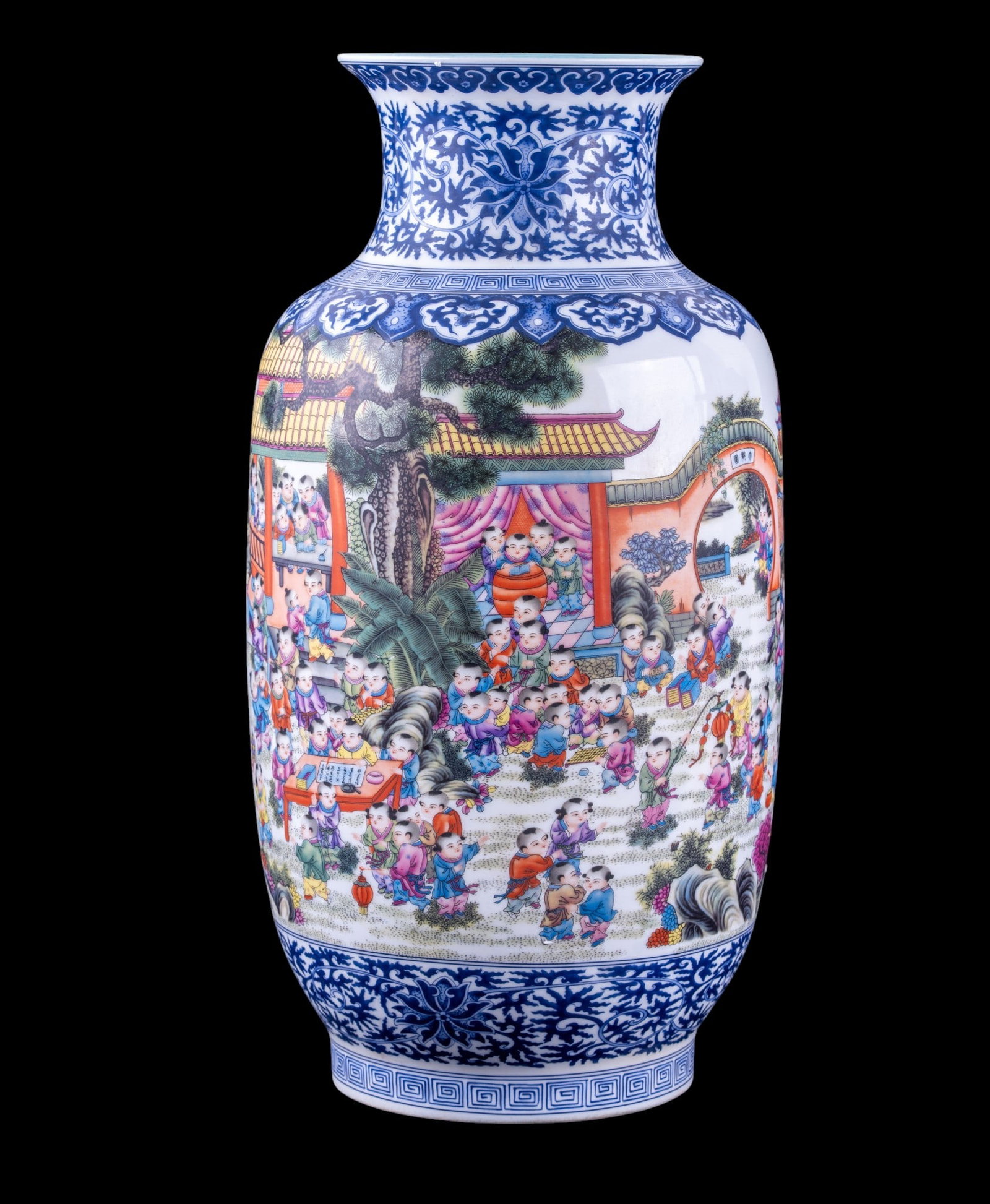 Chinese Hundred Children Porcelain Vase: Chinese 20th century porcelain vase decorated in the Hundred Children pattern, reverse decorated with calligraphy. Neck with scrolling foliate pattern, foot with greek key banding. Interior and