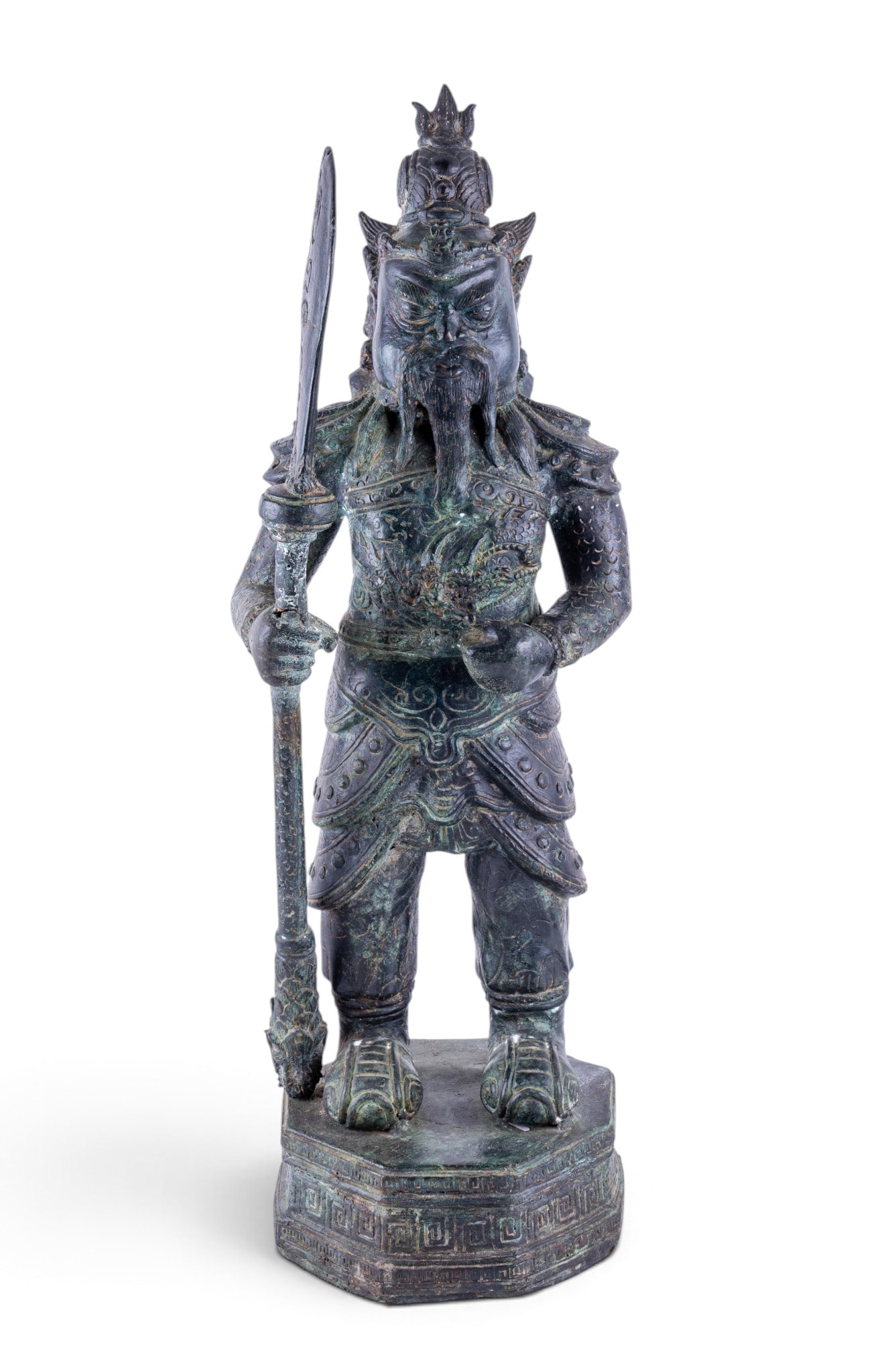 Cast Bronze Figure of Guan Yu: Cast bronze figure depicting Chinese military deity Guan Yu (Guandi) standing in full armor holding a crescent blade. Previous repair present to weapon above hand. Measures approx. 27.25" H.