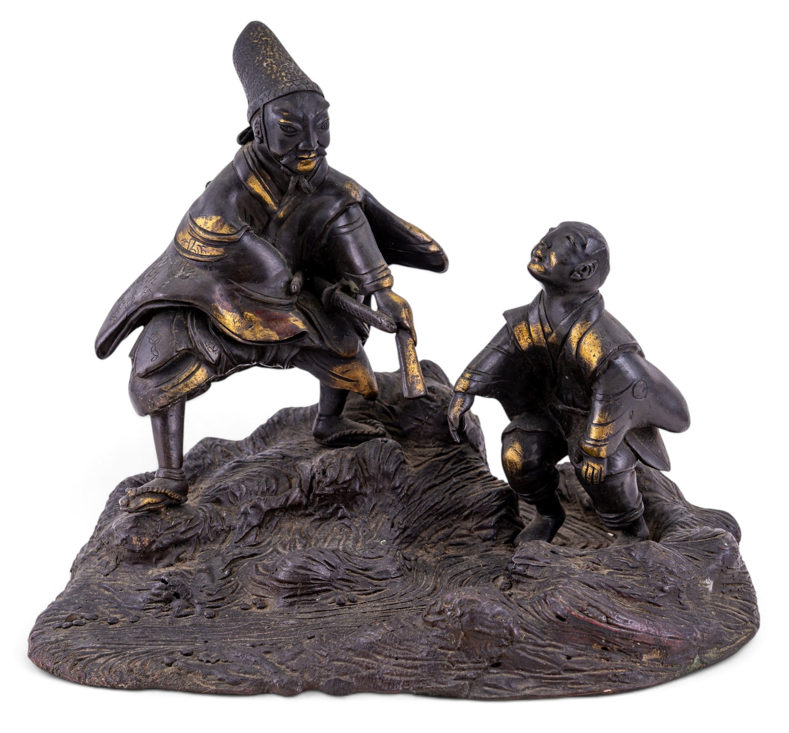 Bronze Figural Sculpture Warrior and Child: Cast bronze figural group depicting a robed adult and child standing together on a naturalistic landscape base with flowing water and rockwork. Note adults left foot not screwed to base. Measures