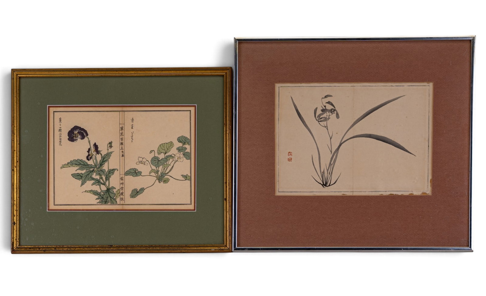 Early Japanese Woodblock & Inkwash, Kono Bairei: Early Japanese Woodblock & Inkwash, woodblock attributed to Kono Bairei and the other with red a seal mark. Largest measuring approx 16 x 18 inches.