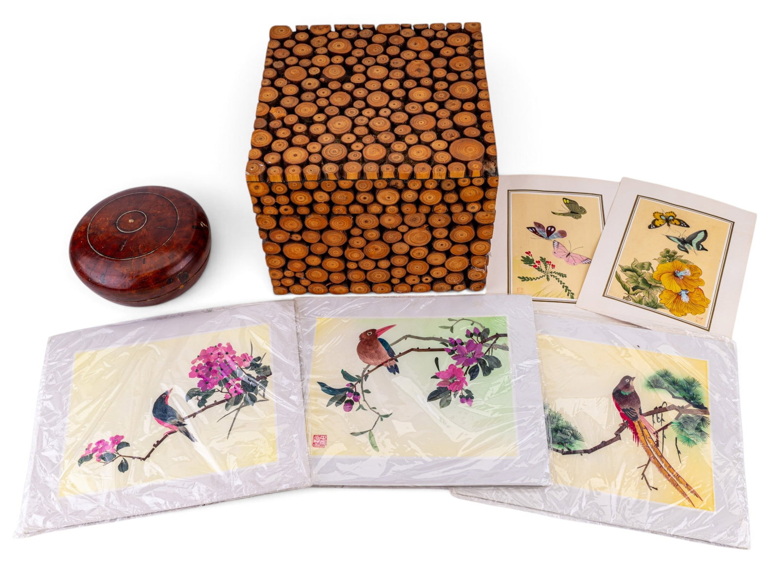 Japanese Prints, Turned Burl Box and Rustic Box: Japanese Prints, three with feather accents others with a red seal mark plus a turned burl lidded box and rustic cross-section box measuring 8.25 x 10.5 sq in inches. The rustic cross-section box has