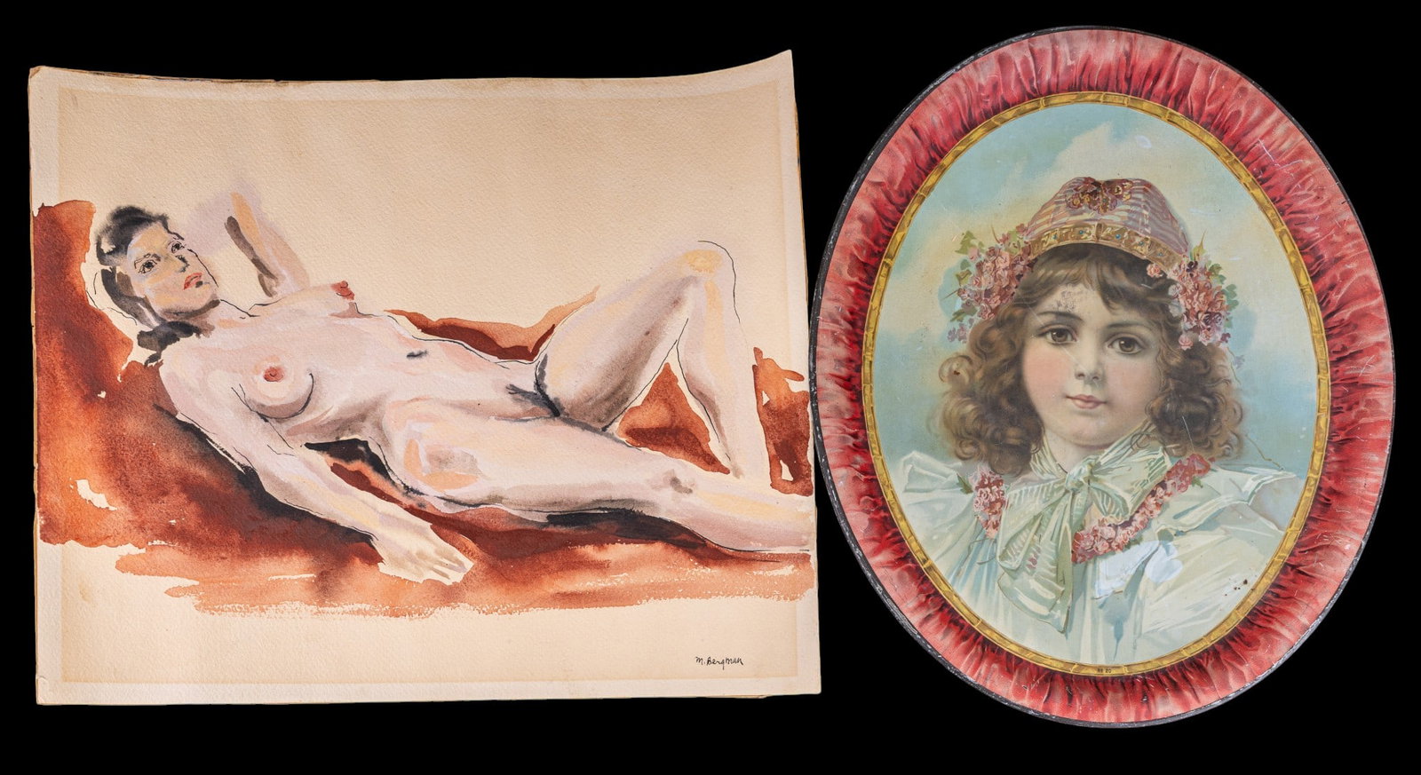 Figure Drawing signed M. Bergman & Tin Tray: Watercolor nude figure drawing signed M. Bergman and & vintage tin tray measuring approx 13.5 x 16.5 inches.