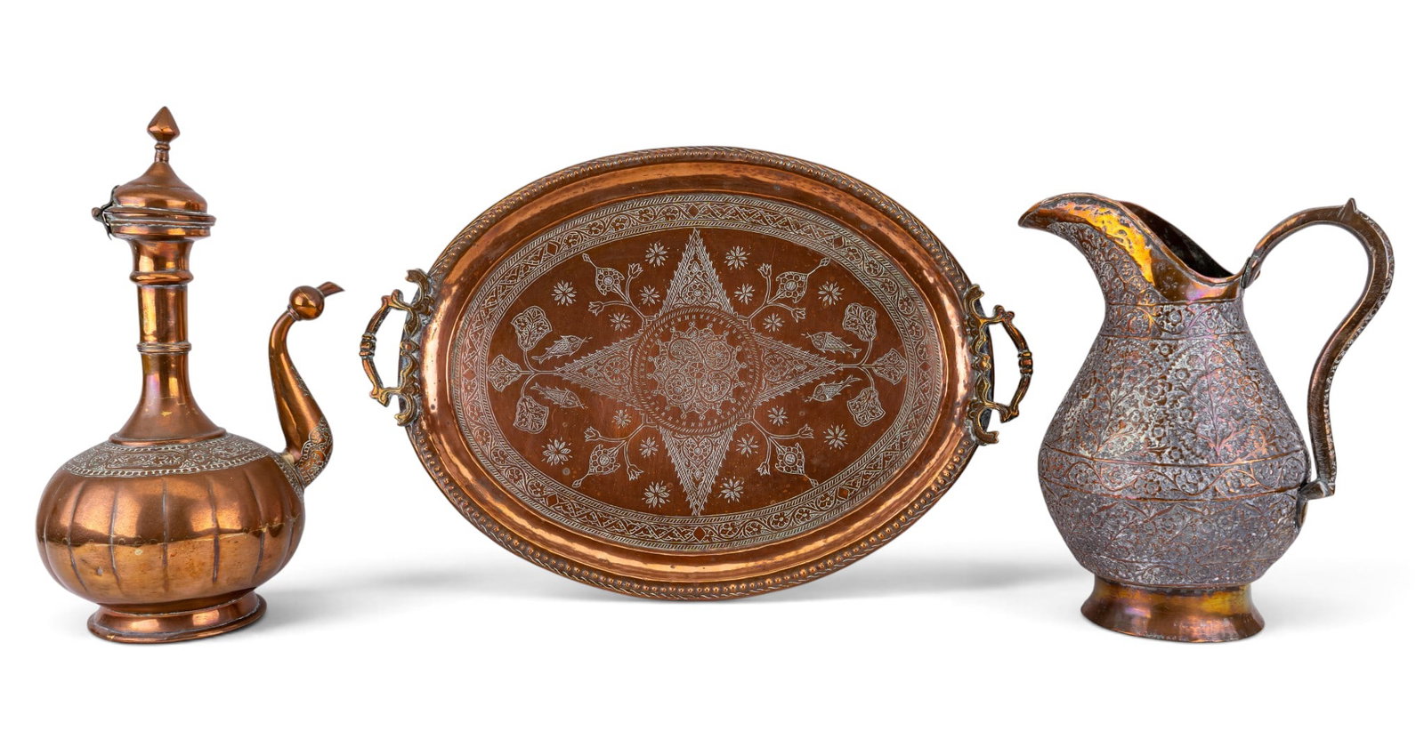 Persian Copper Star Tray, Water Pitcher, Tea Urn: Persian copper serving tray with star medallion design etched on surface and raised design along perimeter, as well as ornate handles (measures approx. 22"Lx15"W). Persian copper water pitcher with in