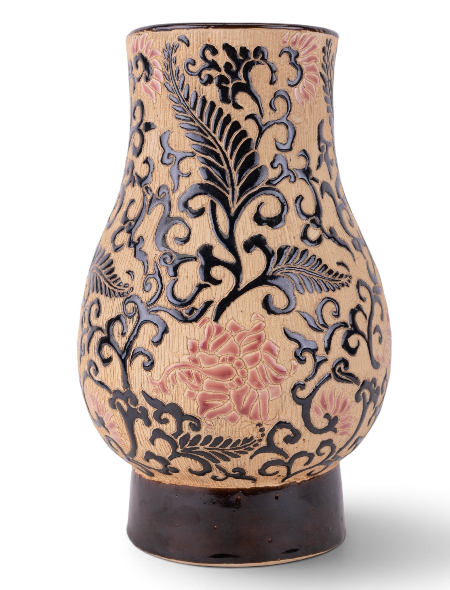 Vintage Vietnamese Painted Floral Ceramic Vase: Vintage ceramic vase with a painted floral design, marked by maker Dona Vietnam on the bottom exterior. Very good condition. Measures approx. 7"Lx7"Wx7"H.