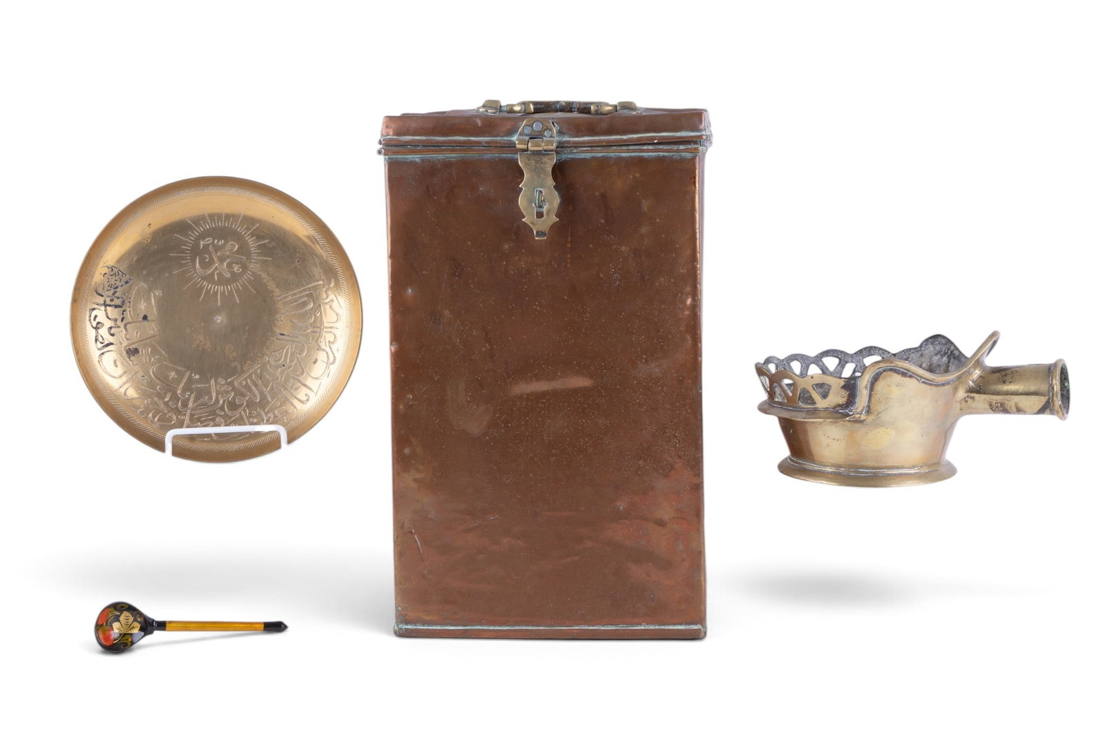 Persian Copper Latched Box, Chinese Charcoal Pan: Four unique pieces total in this lot. Vintage Persian copper document box in great working condition, featuring a lid, latch closure and a sturdy handle on top of lid with molded geometric design (som