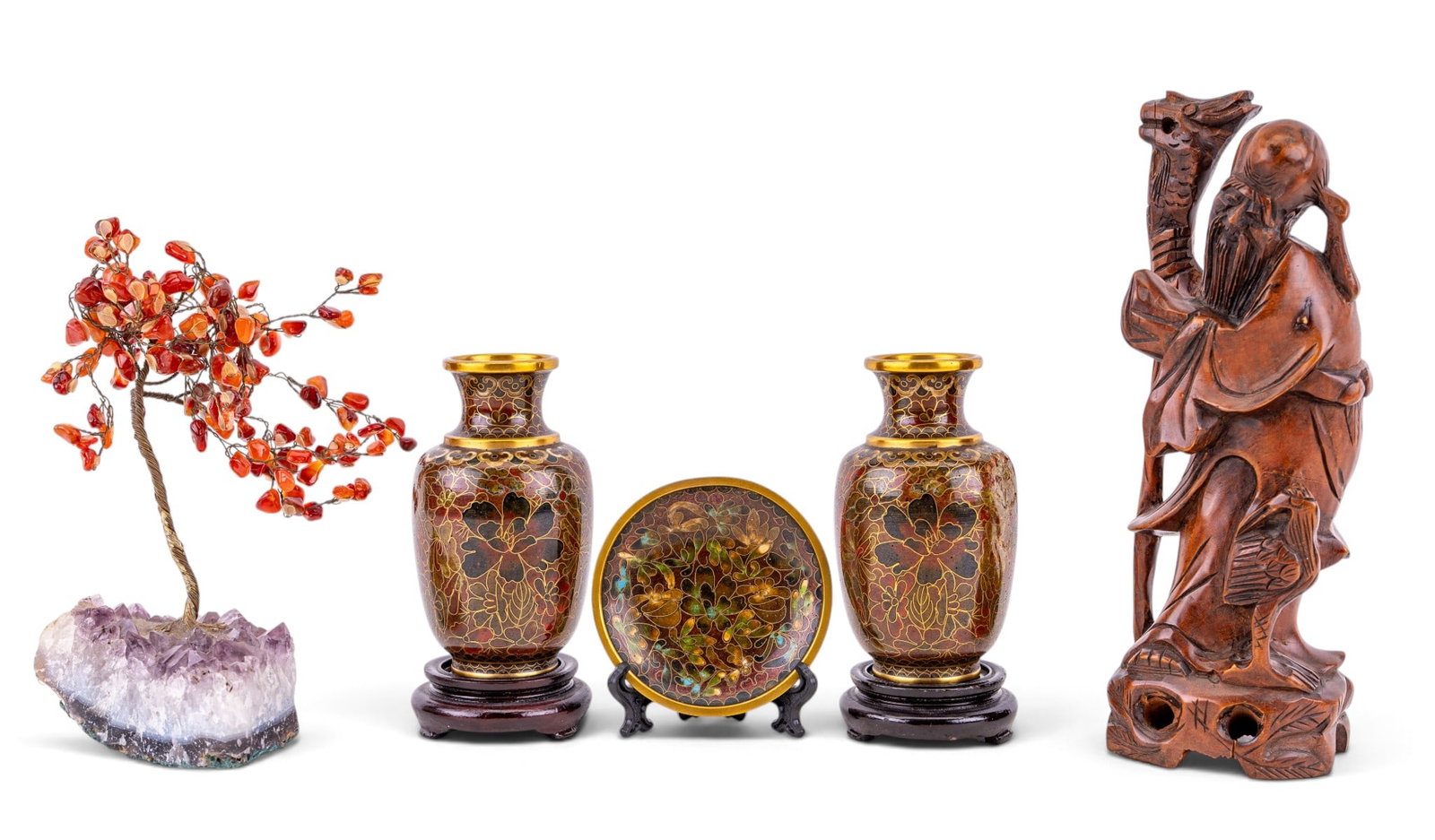 Carved Wood Shou Lao, Cloisonne, and Stone Tree: A carved Chinese hardwood figurine depicting Shou Lao the God of Longevity, approx. 8.25" H, two minitaure brass cloisonne vases with carved wooden bases and matching miniature plate, note some enamel