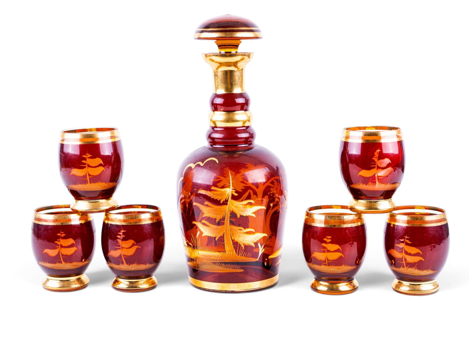 Egermann Czech Glass Cup Set of 6 w/ Stag Decanter: Vintage amber brown glass barware set made by Egermann in the Bohemia region of then-Czechoslovakia (now Czech Republic)'s well-known glassmaking town of Novy Bor. Likely made in the 1960s. Very good 