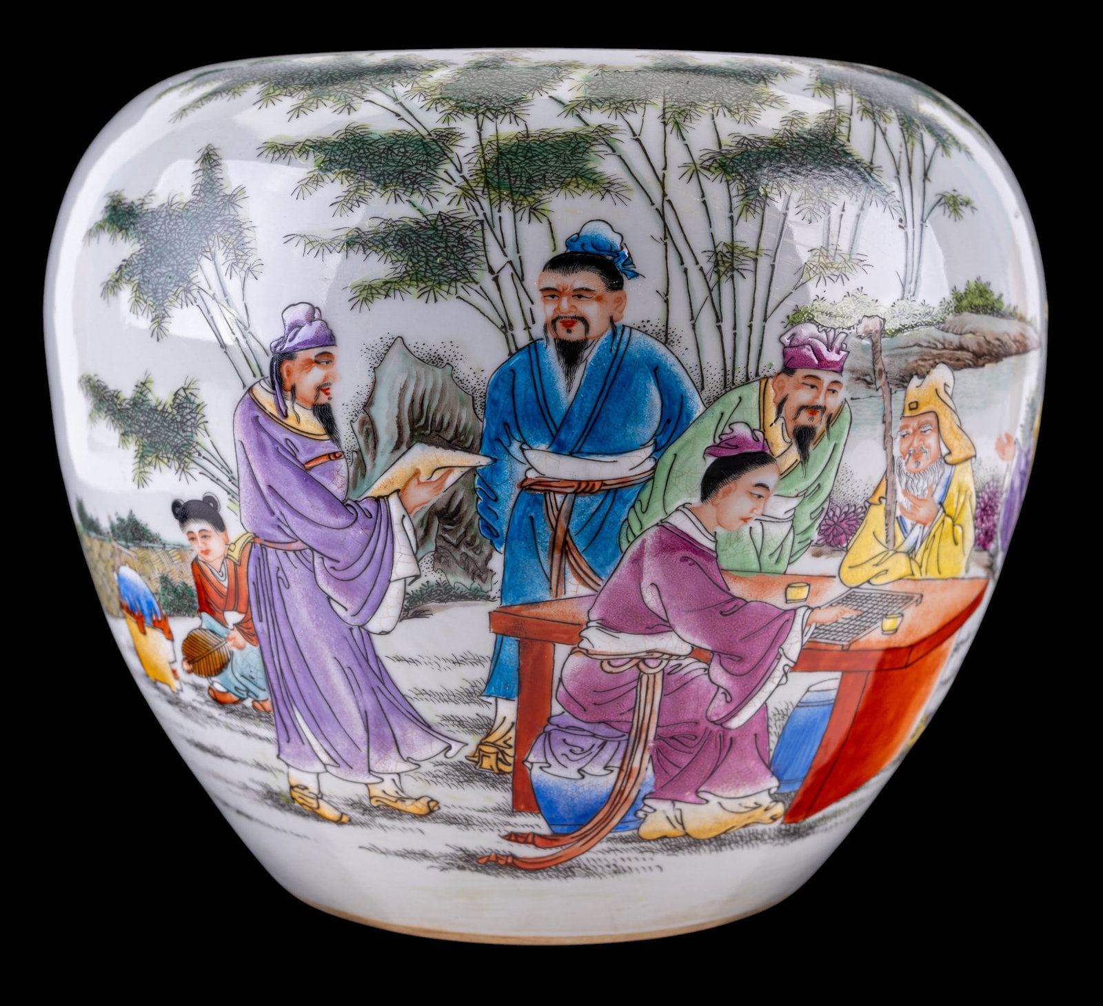 Chinese 20th C Garden Scene Porcelain Jar: Porcelain vase or ceramic ginger jar depicting a Chinese figure story motif of scholars and children in a garden setting. Produced in the 20th century. Colors are vibrant. Very good condition. Measure