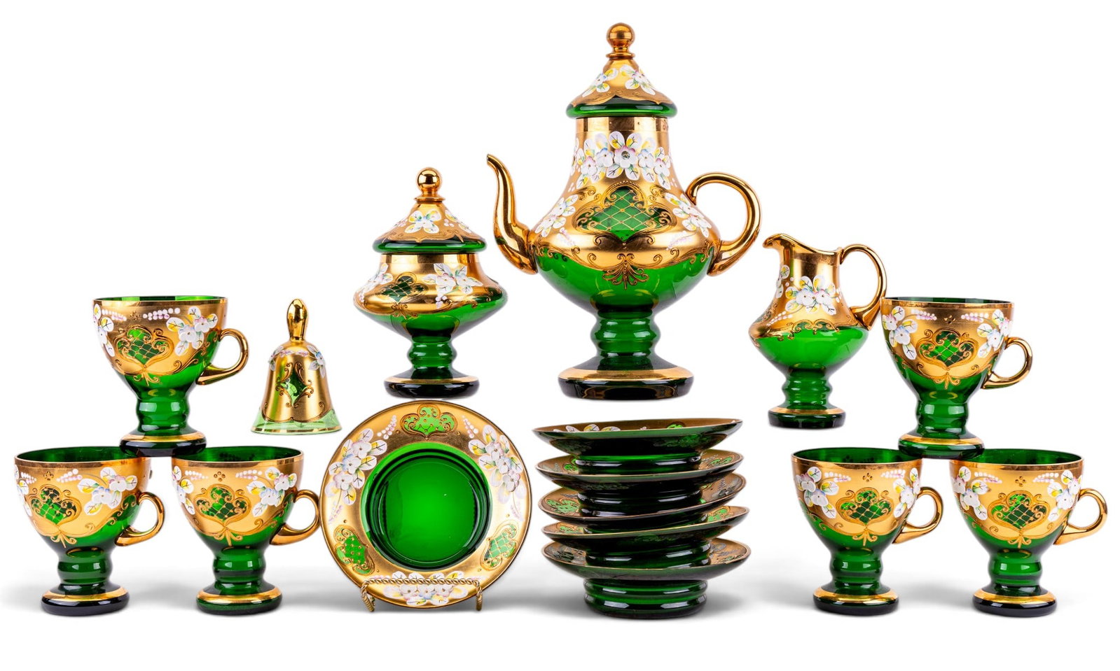 Vintage Murano Green/Gold Gilt Glass Tea Set for 6: Exquisite Murano green and gold gilt glass tea set for six people, complete with teapot, cream, sugar and bell. Set comprised of six cups and six saucers. Vintage matching collection dates back to the