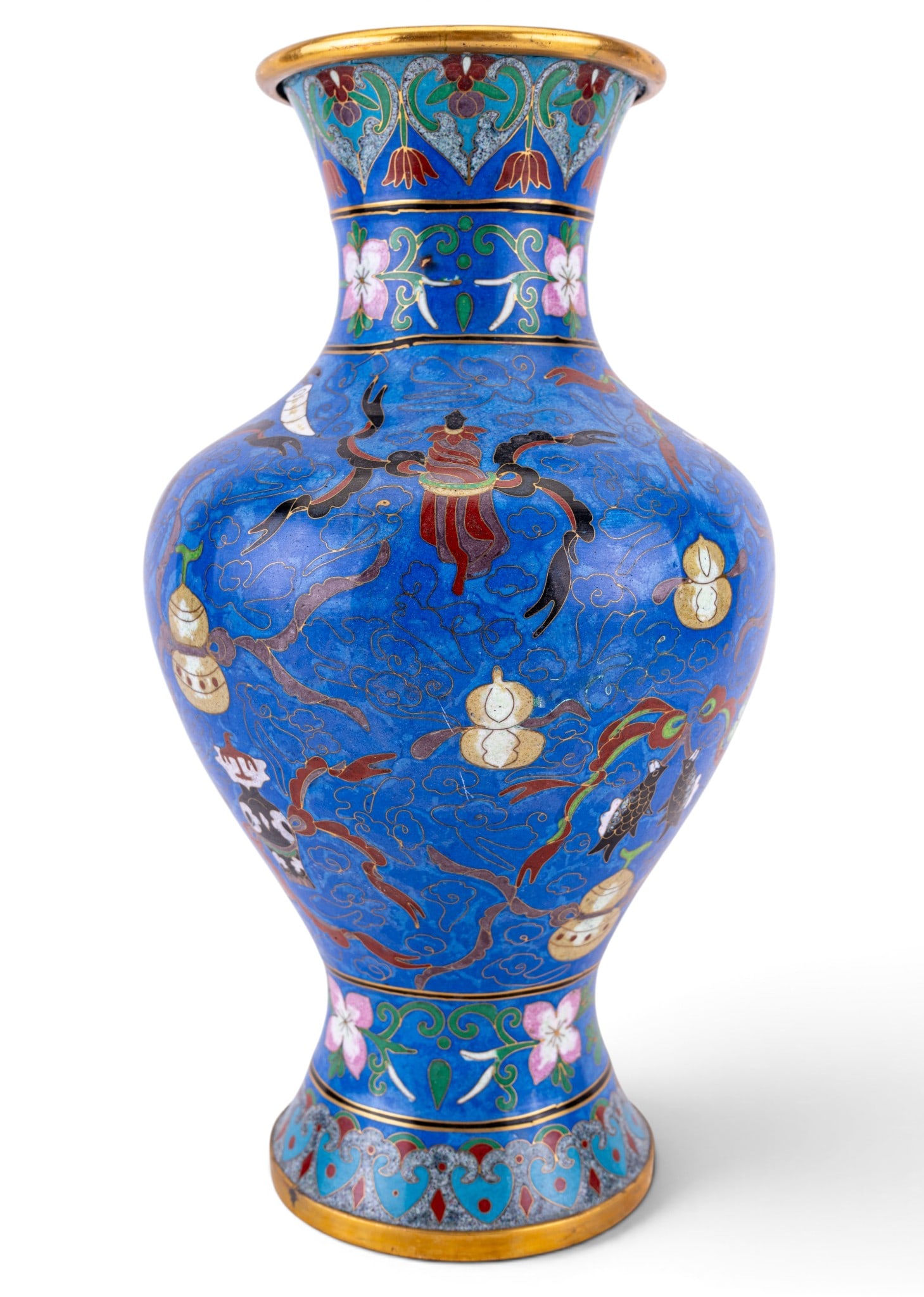 Vintage Chinese Cloisonne Floral, Gourd Motif Vase: Intricate floral and gourd motifs span this beautifully crafted vintage Chinese vase. Decorated using the antique cloisonne metalwork technique. Smooth, flat cloisonne style. Eye-catching brass colore