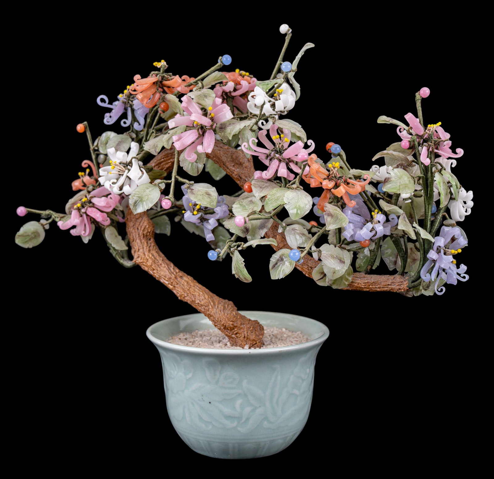 Vintage Chinese Floral Bonsai Tree in Celadon Pot: Artificial decorative piece depicting a Chinese Bonsai tree blossoming with colorful glass flowers and leaves. Arranged in a traditional light blue-green celadon pot with dense anchoring, most likely 