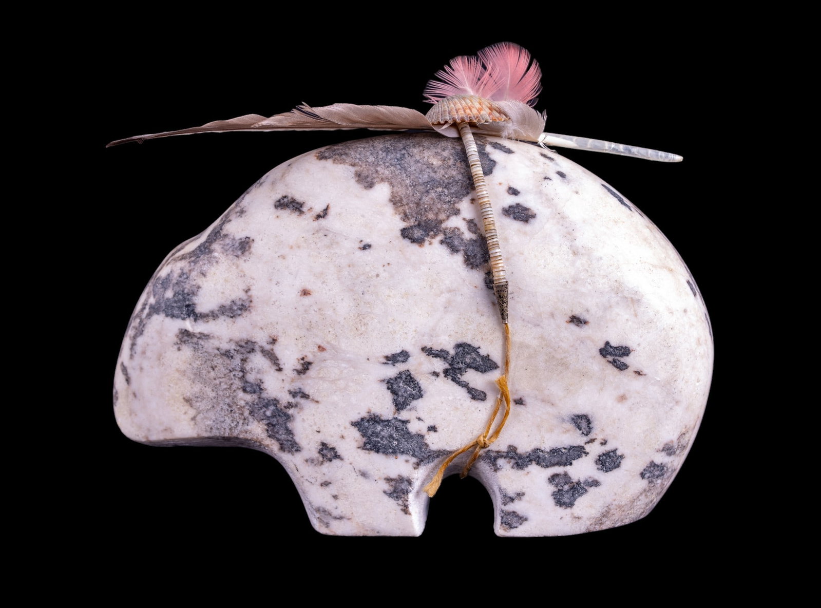 Carved California Alabaster Bear Fetish, S. Chase: Steven Chase carved California alabaster bear fetish with feather and shell elements. Unsigned. Previously housed at Santa Fe East Gallery ca 1987.