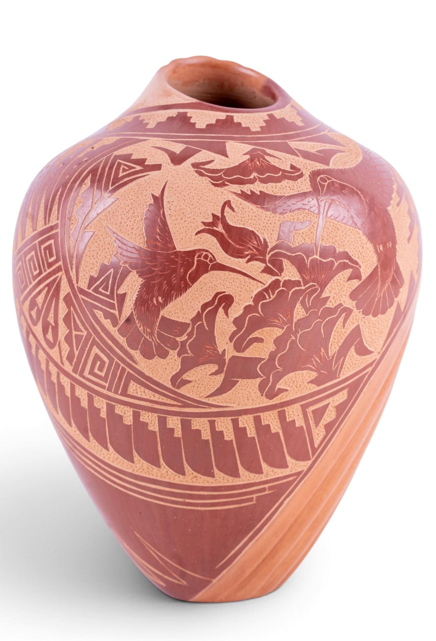 Jemez Pueblo Pottery Vessel: Jemez Pueblo pottery vessel decorated with imagery of hummingbirds with flowers, bordered by geometric patterns. Etched/signed to underside Vangie Tafoya, Jemez, and a leaf hallmark. Measures approx. 