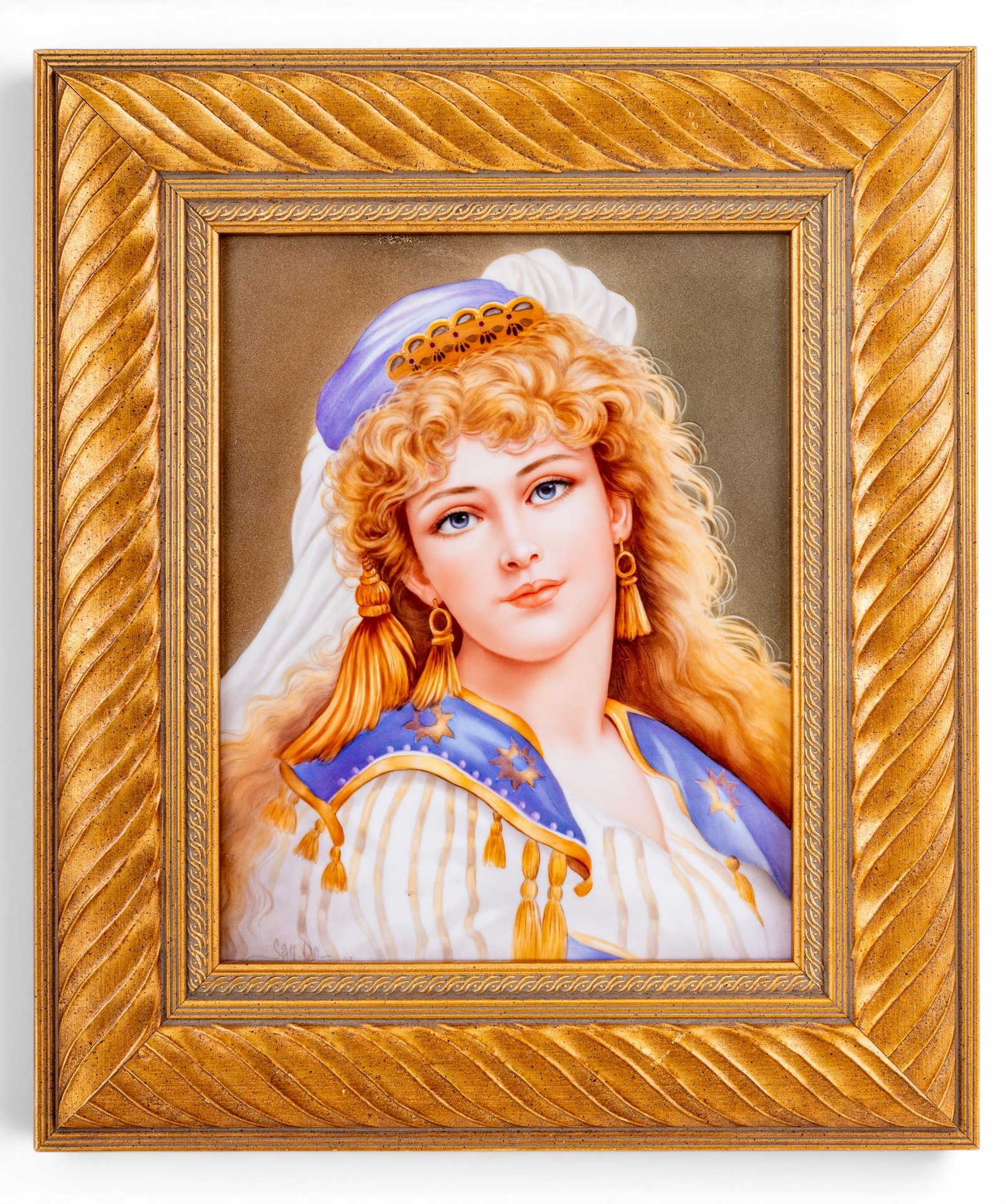 San Do (Am 20th C) Hand Painted Porcelain Plaque: A rare example of a hand painted porcelain portrait plaque in a gilt wood frame depicting a beautiful blonde lady, signed by the artist San Do (American 20th C) in the lower left corner and on the rev