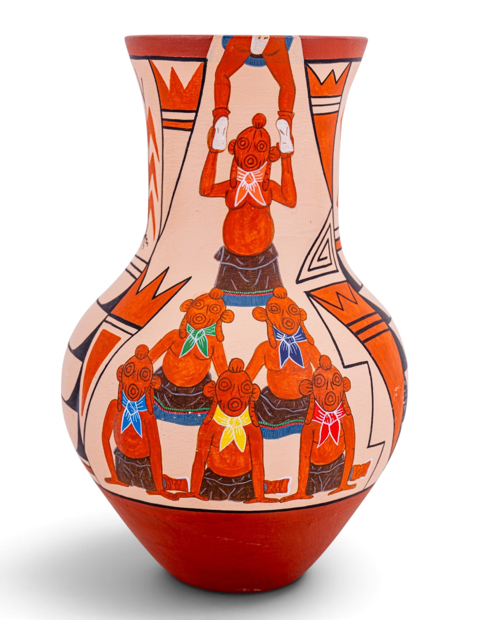 Hopi Pottery Vessel, P. Sumatzkuku: Non-traditional Hopi pottery vessel, hand-thrown and painted with acrylics. Body depicting two unique picture panels along with traditional Hopi designs. Signed to underside "Climbing High" - P. (Pete