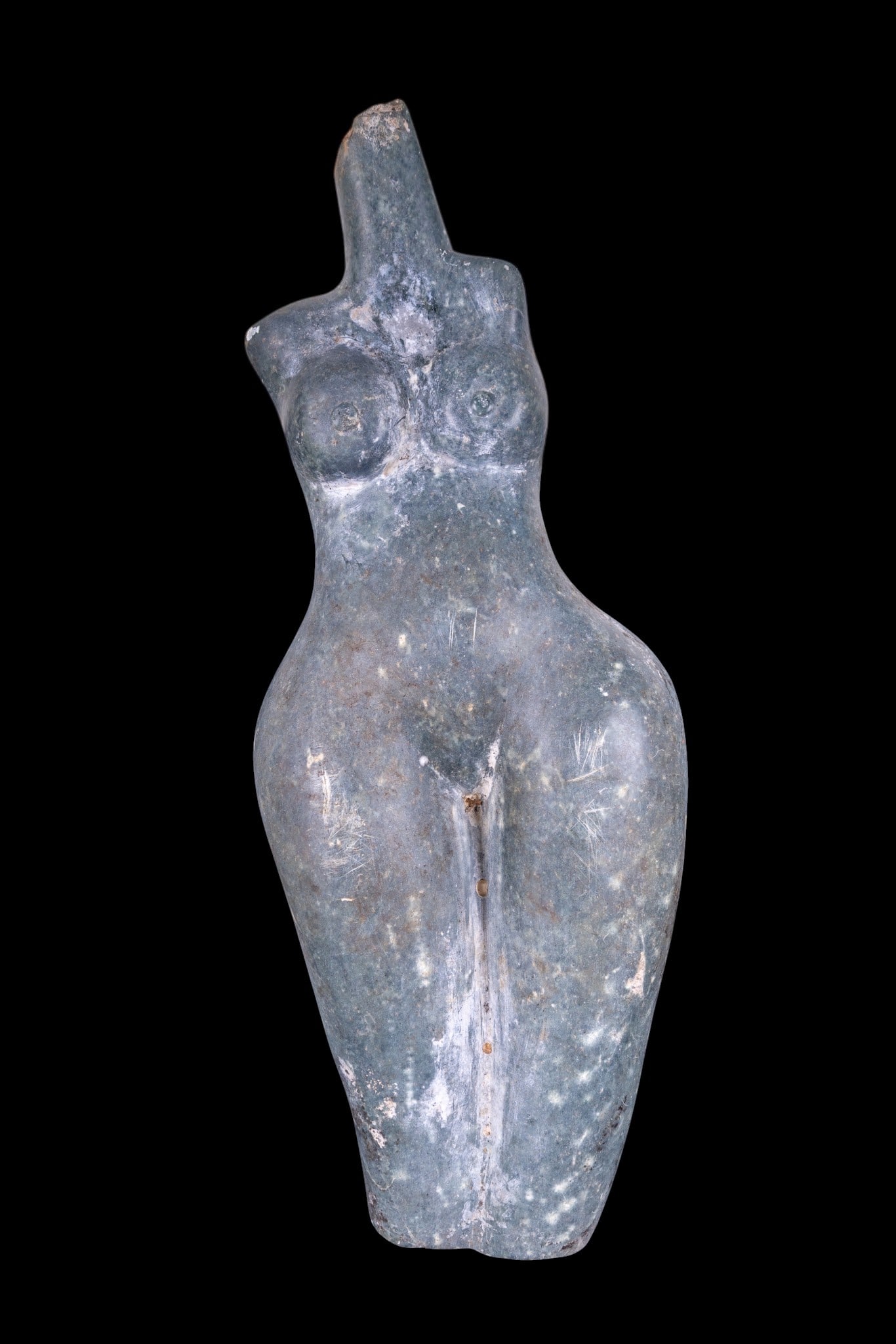 Green Marble Venus Garden Statue: A fine carved and polished dark green stone (feels like marble) Venus / female torso garden statue, weighs approx. 82lbs, measures approx. 28" H x 10.25" W x 8" D. Special considerations should be mad