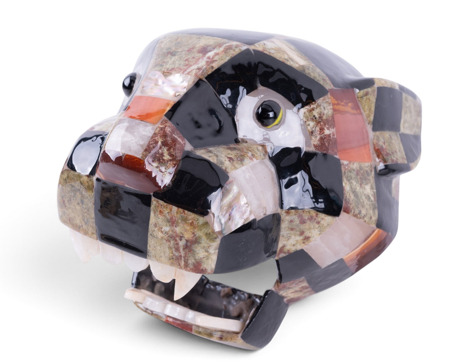 Polished Stone Mosaic Jaguar Head Sculpture: Mexican Stone mosaic sculptural jaguar head with hollow interior. Measures approx. 6.25" H.