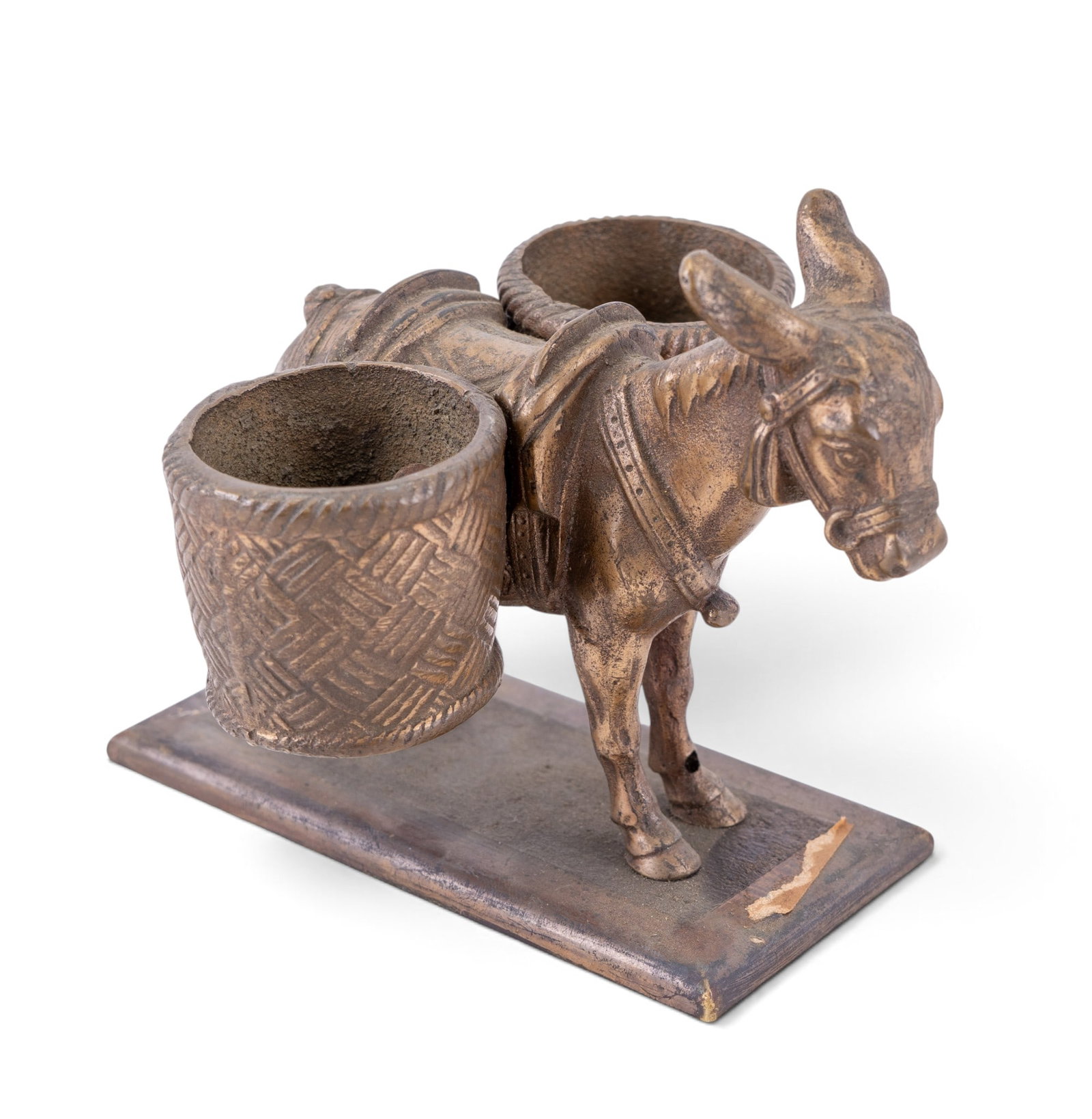 Turkish Brass Donkey Match Holder: Turkish brass figural match holder in the form of a donkey carrying 2 side baskets. Measures approx. 4.25" W x 4" H x 2" D.