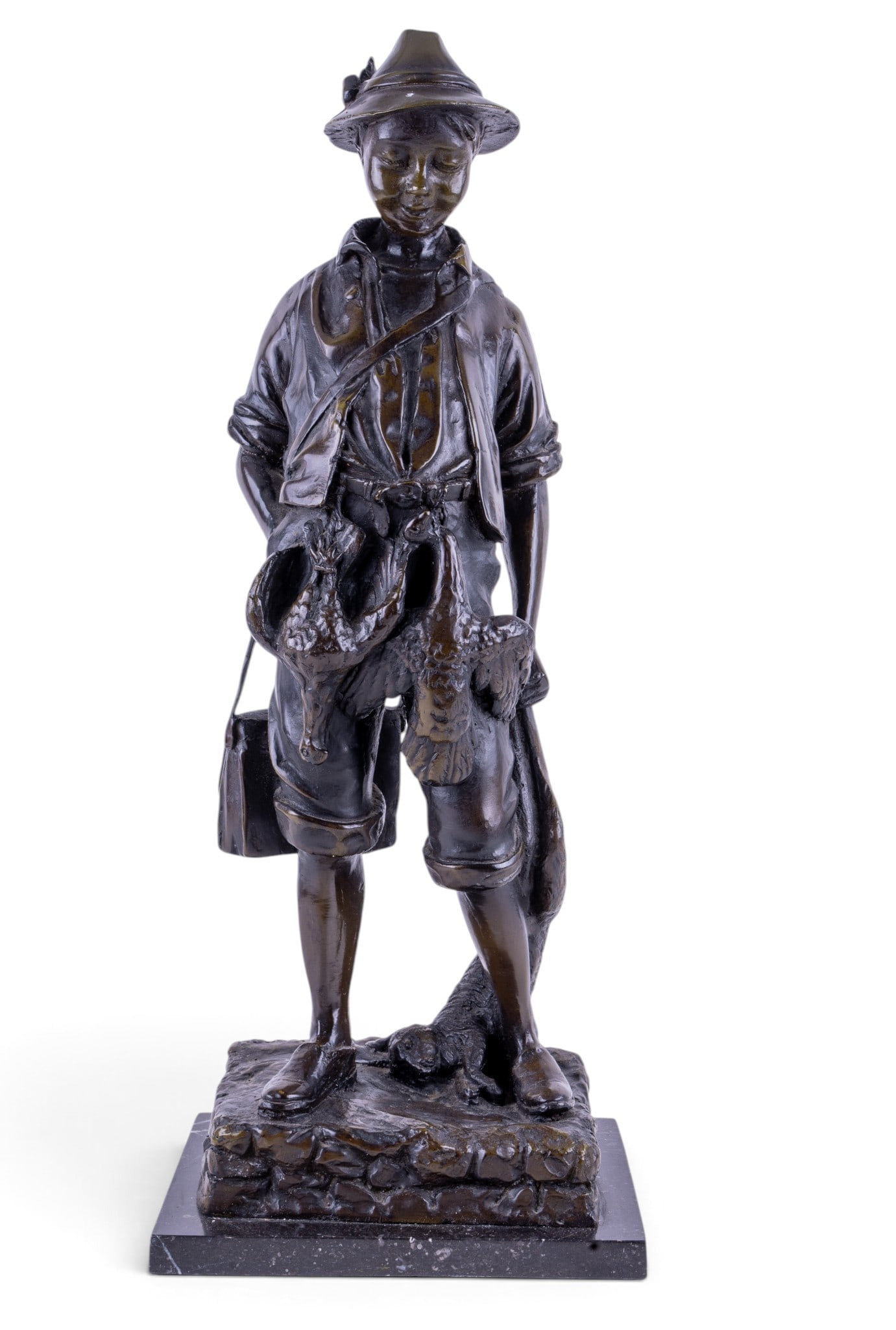 Bronze Sculpture of Hunter, A. Morgan: Bronze figural sculpture depicting a standing hunter, shown wearing a brimmed hat and rustic dress, holding game at his side and shoulder satchel to reverse. Signed to back of base "A. Morgan" or simi