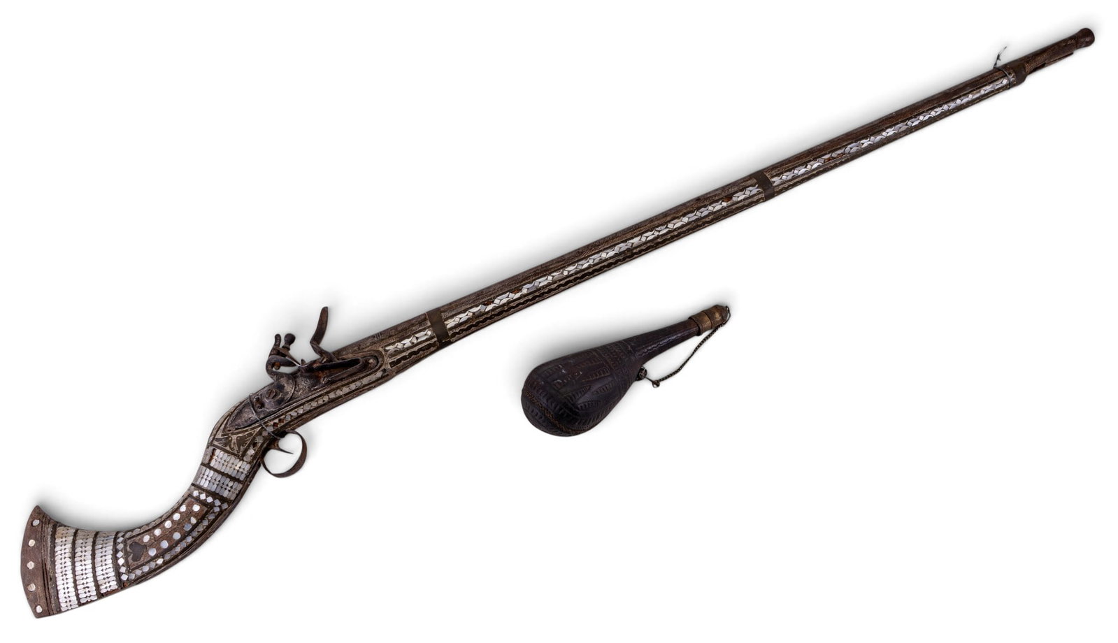 Turkish Antique MOP Flintlock Rifle w/ Powder Horn (1 of 18)