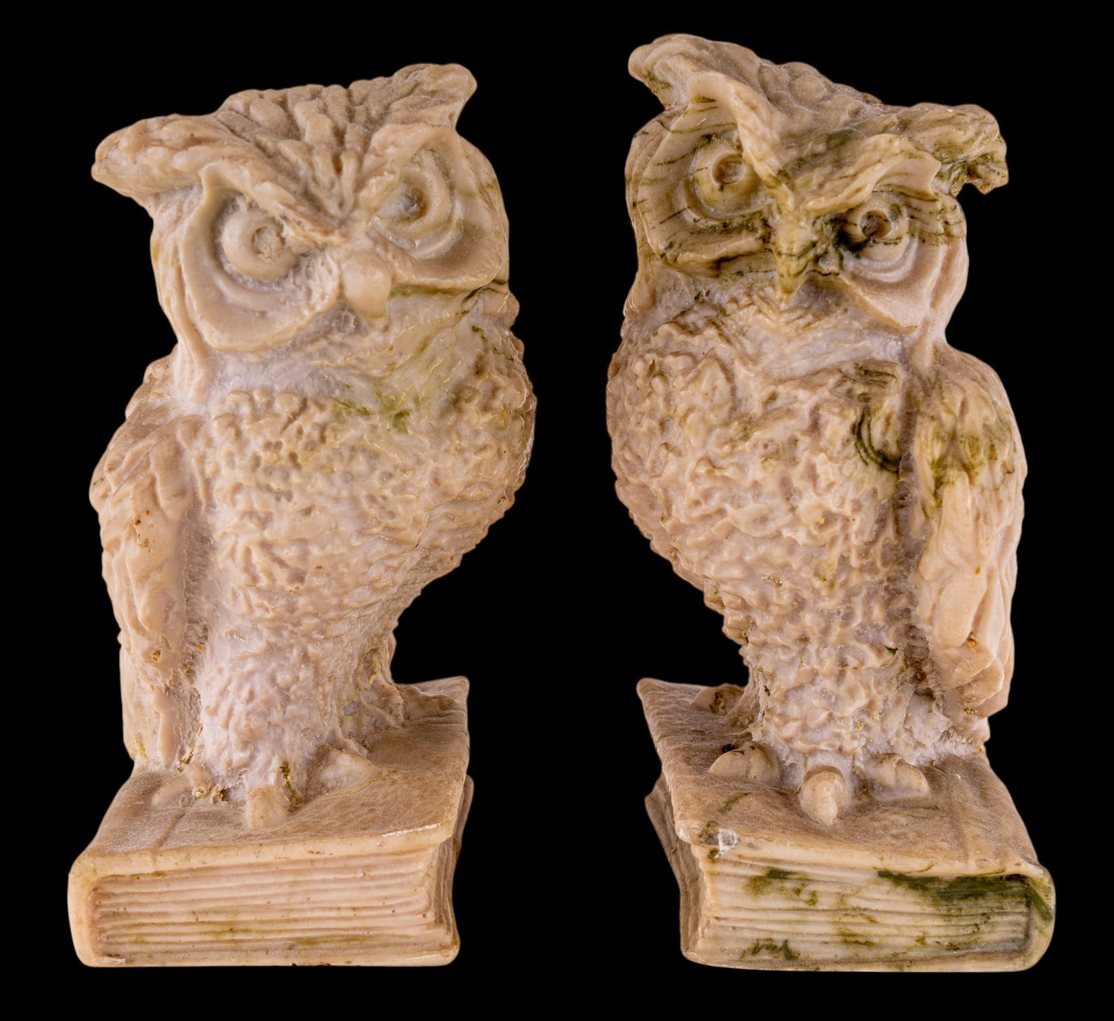 Pair of Resin Owl Bookends: Pair of decorative cast resin owl figures, each modeled perched atop a stacked-book base with detailed feathers. Each measures approx. 8.25" H.
