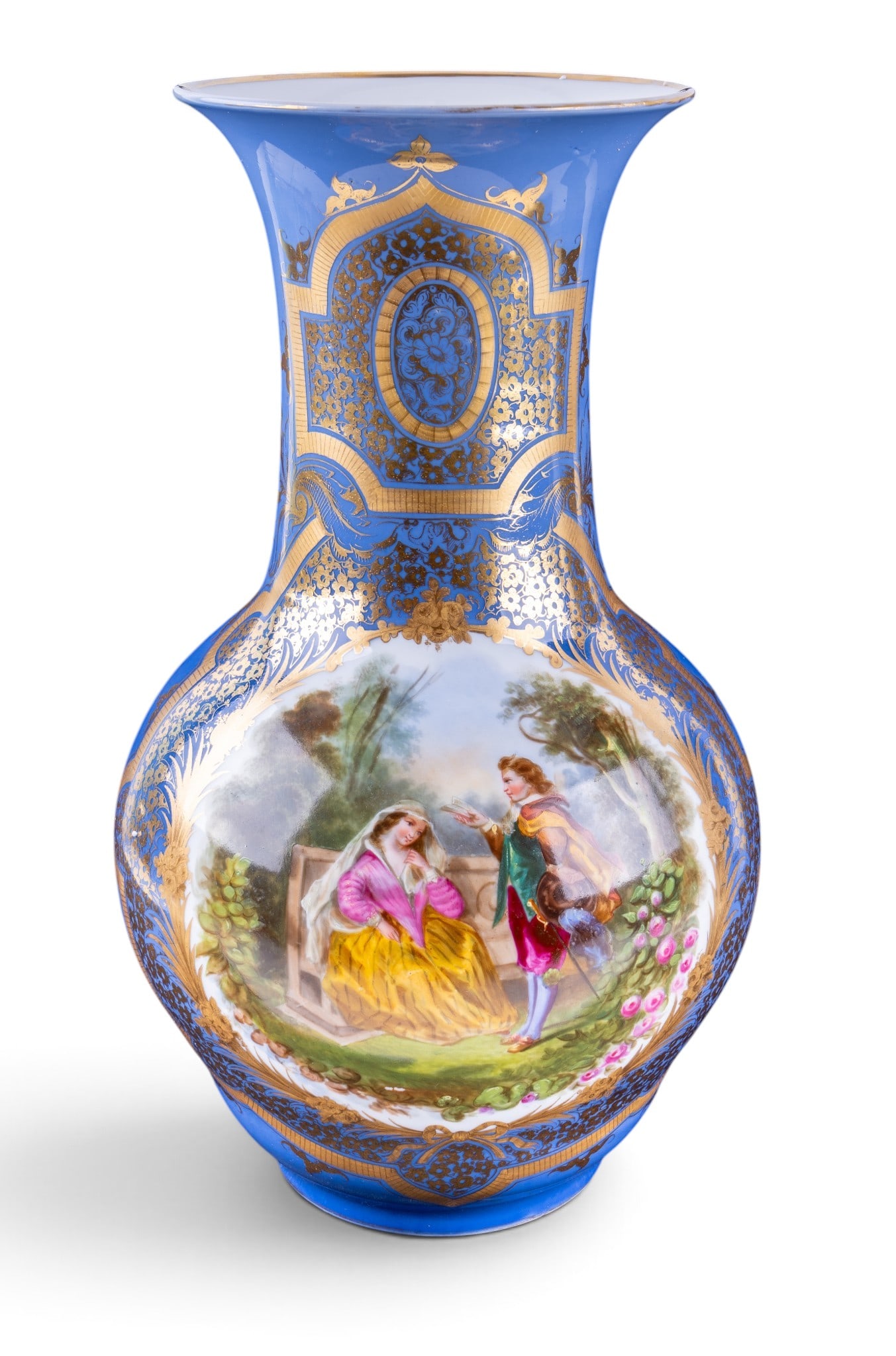 French Onion Vase w/ Painted Panel: French onion-form vase featuring a flared mouth, a hand-painted scene of a couple in garden setting, blue ground with floral gilt highlights. Measures approx. 17.25" H