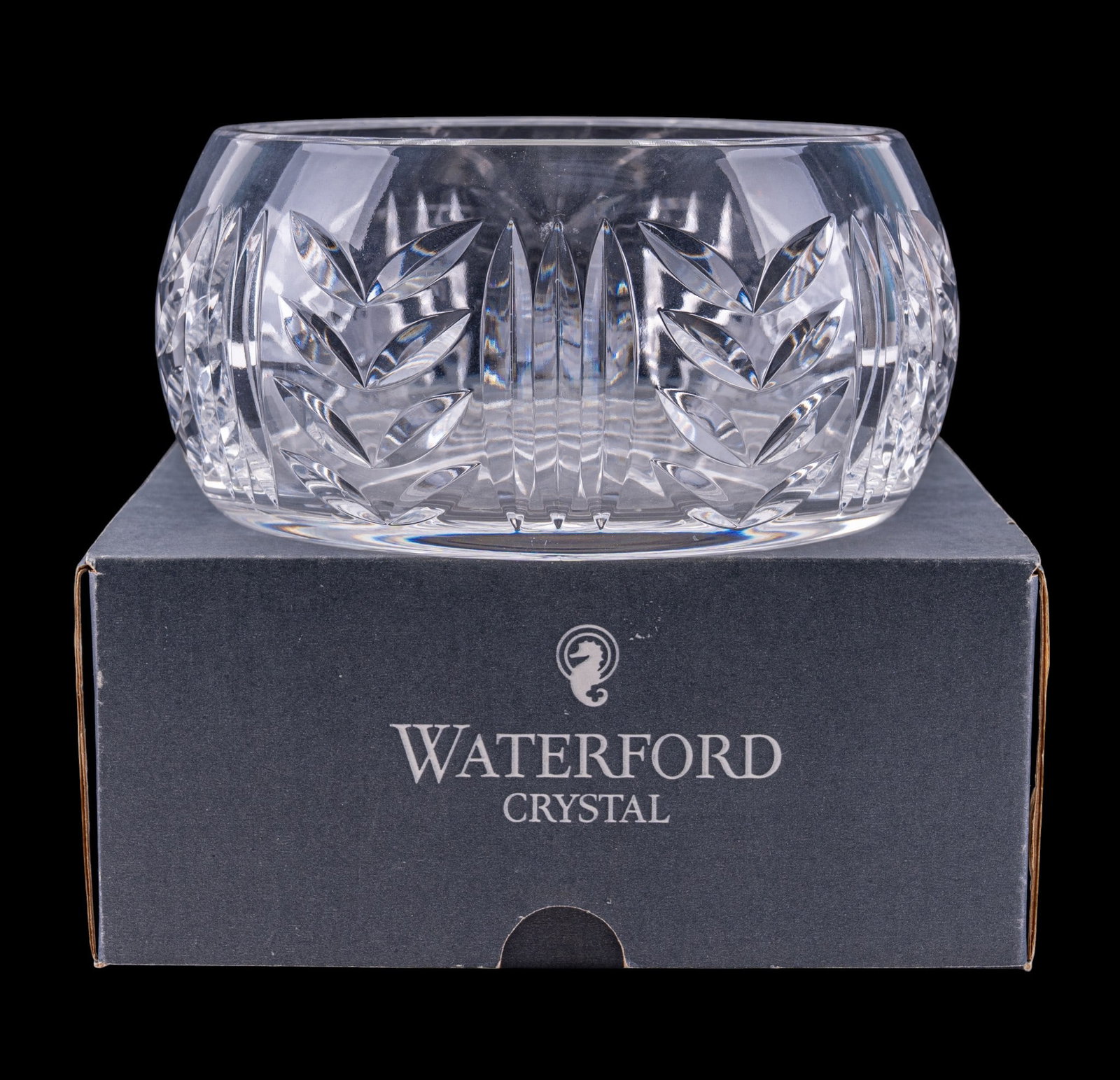 Waterford Glencar Crystal Bowl: A Waterford crystal bowl in the Glencar pattern, measures approx. 7" diam x 3.25" H. Includes original box and paperwork.