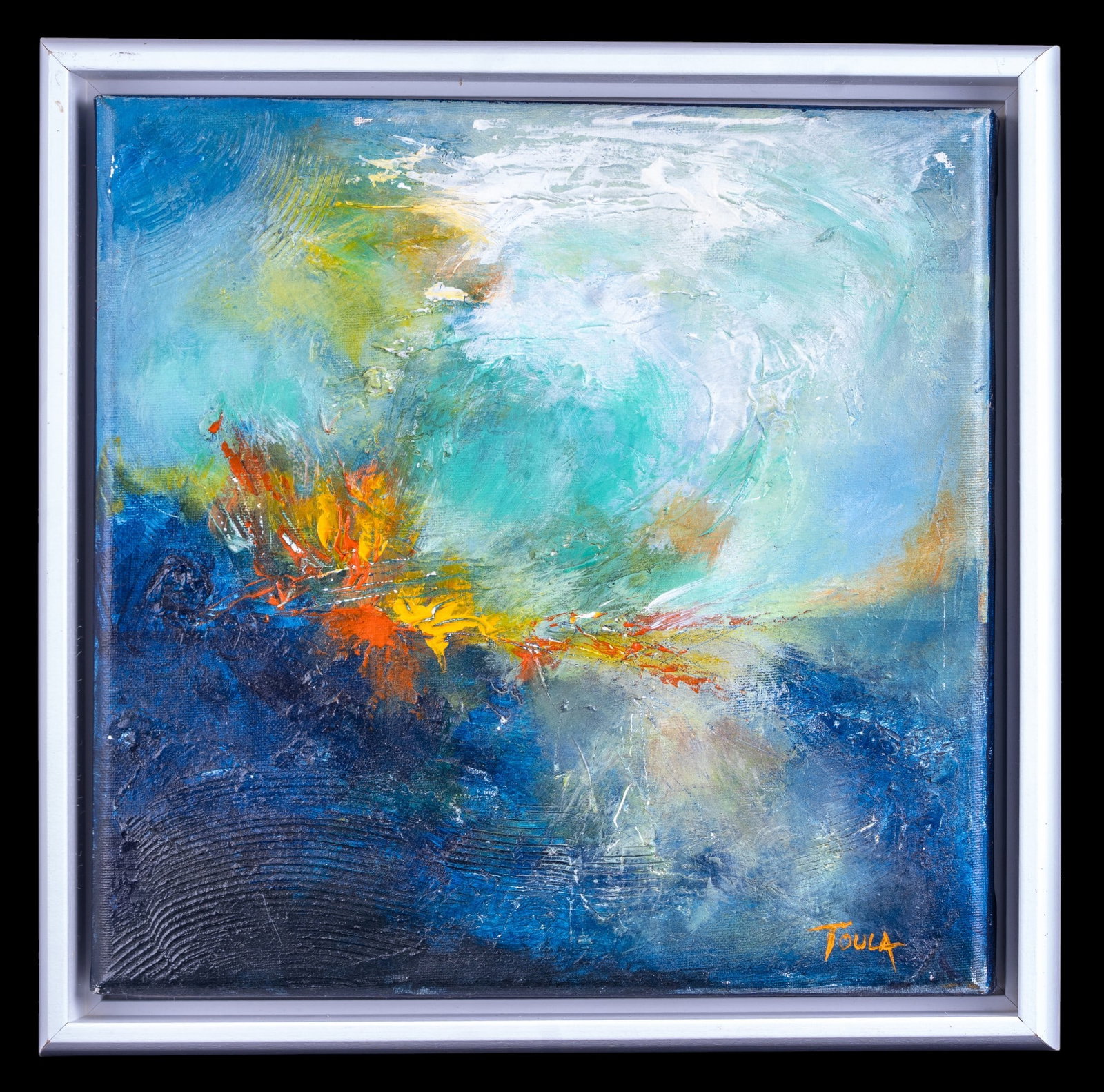 Toula Mikoniatis Original Painting "Aquamarine": Toula Mikoniatis (Greece) original oil painting on canvas housed in a shadow box. Signed Toula to lower right. Titled on back Aquamarine 2011. Measures approx. 13.25" W x 13.25" OD.