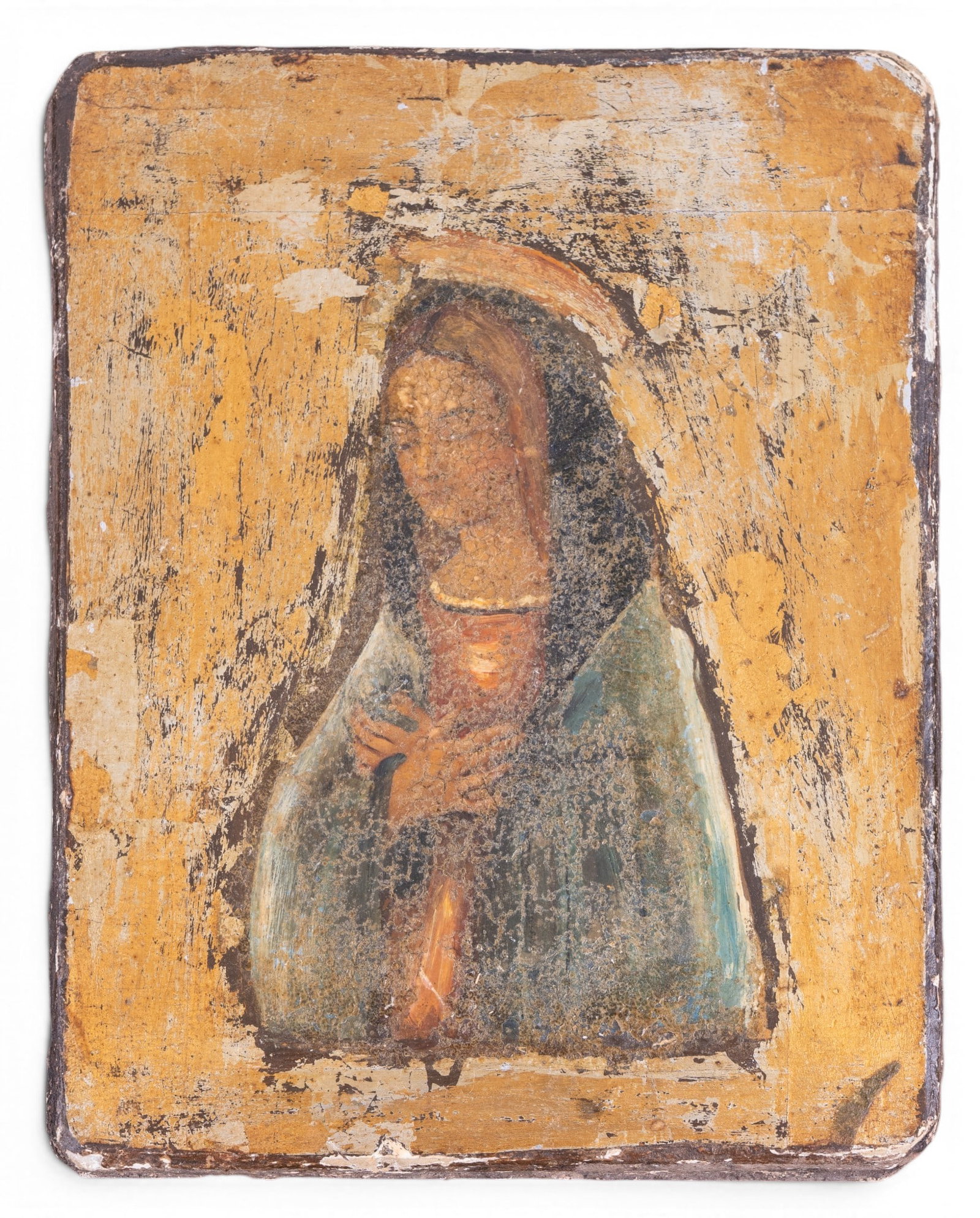 Early Religious Icon Attr. Melozzo da Forli: An early hand painted wood block depicting a Religious icon, possibly the Virgin Mother, attributed to the works of Melozzo da Forli, as per the hand written card on the reverse. Measures approx. 6" W