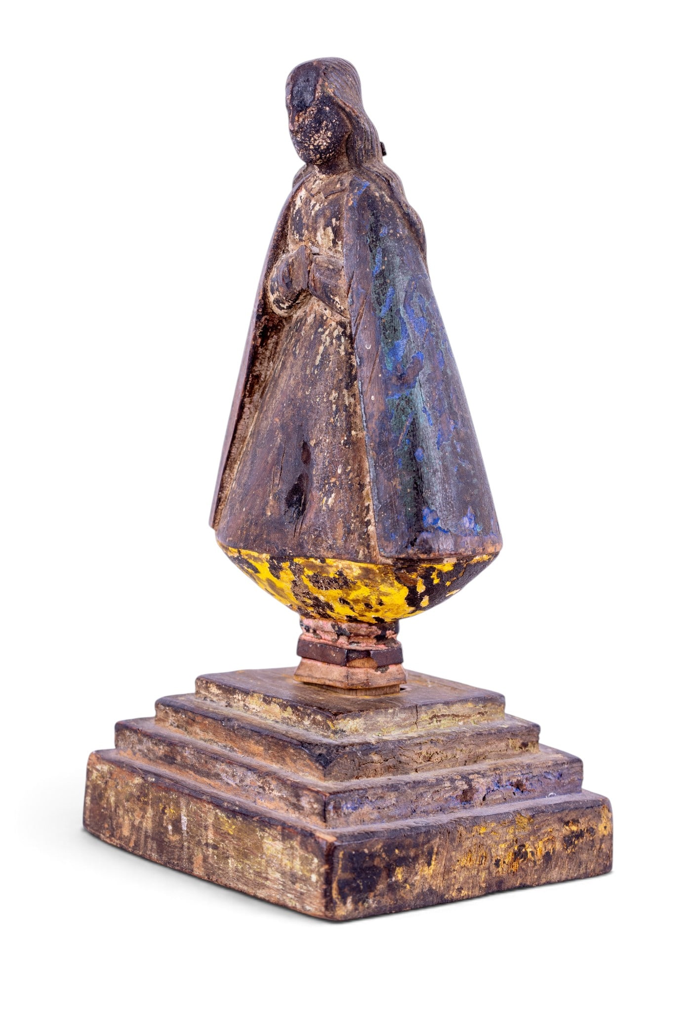18/19th C Carved Wood Santos Figurine: A 18/19th C carved wood and polychrome painted Santos figurine with detachable base, depicting the Virgin Mother. Note loss due to age, measures approx. 4" W x 4" D x 8.5" H.