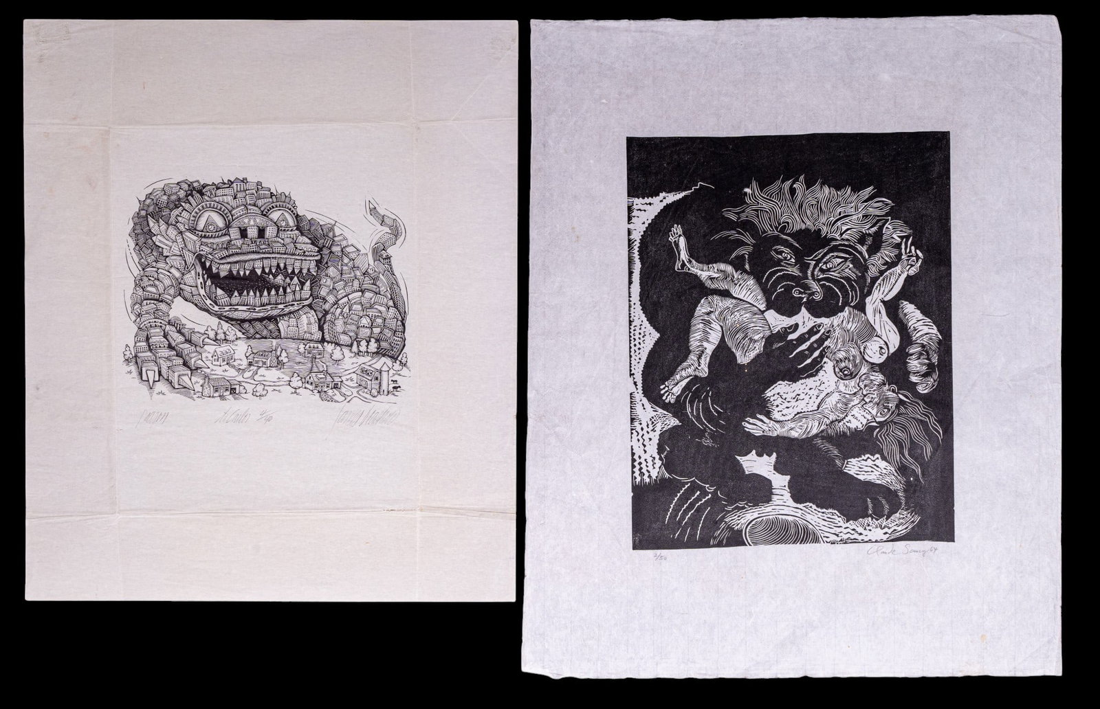 C. Saucy Linocut and J. Grashow Woodblock Prints: A pencil signed linocut on fiber paper titled 'Claude Saucy' by Claude Saucy, dated 1964, edition 2 of 50, measures approx 24" H x 19.25" W, originally sold from the Amity Arts Foundation Collection.