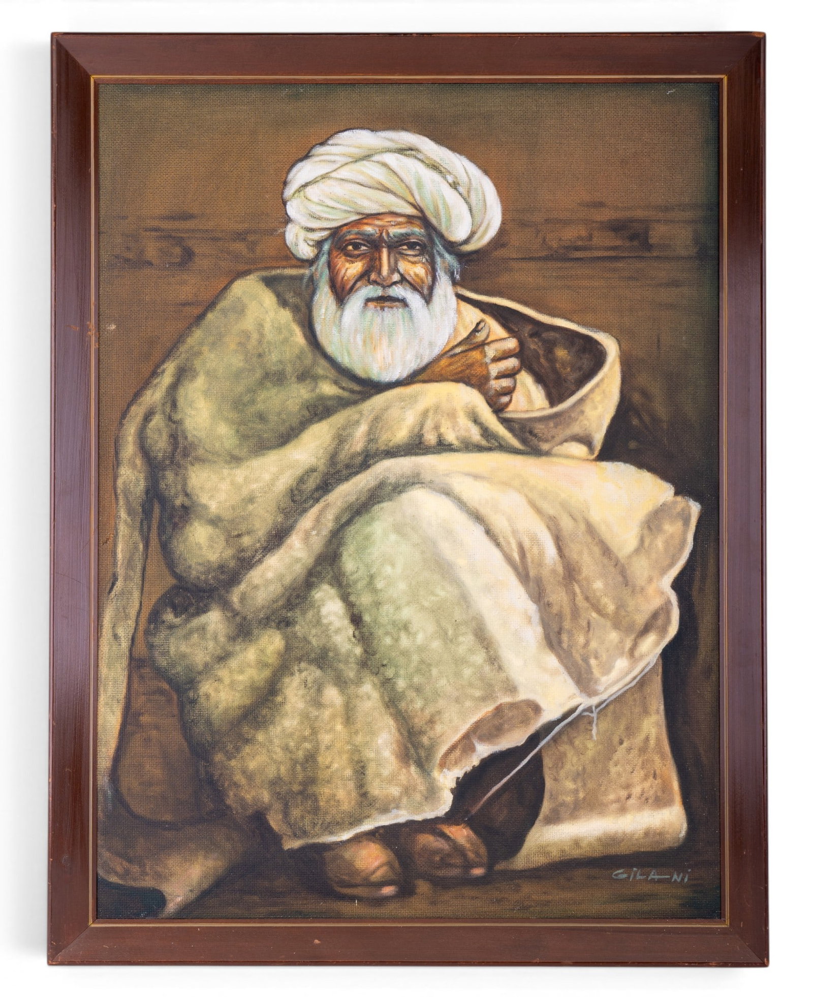Signed Gila Ni Oil on Canvas: Framed oil on canvas portrait depicting an elderly Middle Eastern man seated in traditional robes and white turban". Signed GILA NI to lower right. Measures approx. 20" W x 26" H OD.