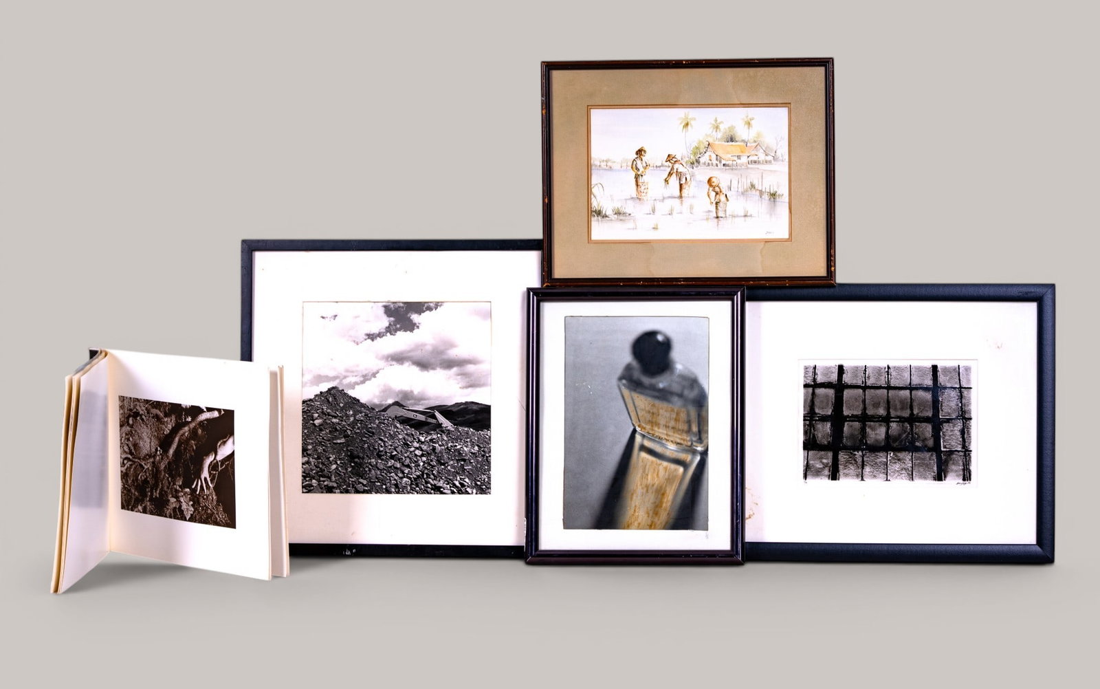 Contemporary & Other Art Grouping: Lot includes abstract geometric composition, black and white coastal landscape photograph cotemporary photographic print, and a tropical landscape signed watercolor signature appears to say "Zarry" an