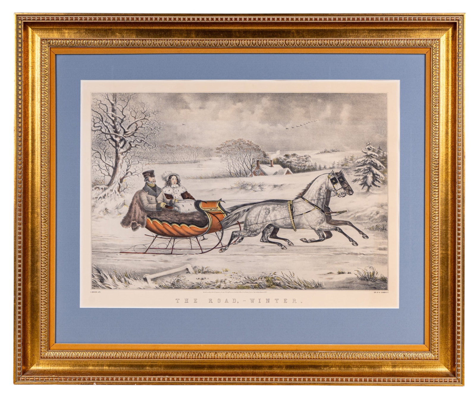 19th C Currier and Ives Framed Color Lithograph: A 19th C framed and hand colored Currier and Ives lithograph titled 'The Road, -Winter' depicting a couple in a coach in a snowy scene, frame measures approx. 32.25" H x 39" W.