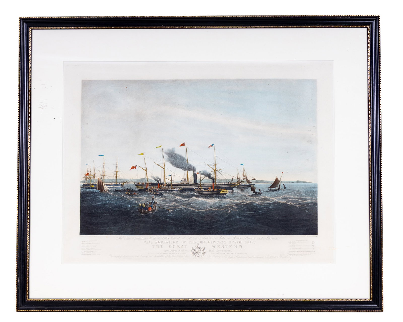 19th C Engraving, SS Great Western: Large folio 19th-century engraving commemorating the SS Great Western, a steamship designed by Isambard Kingdom Brunel for transatlantic service. The artwork features ships in choppy seas, including t