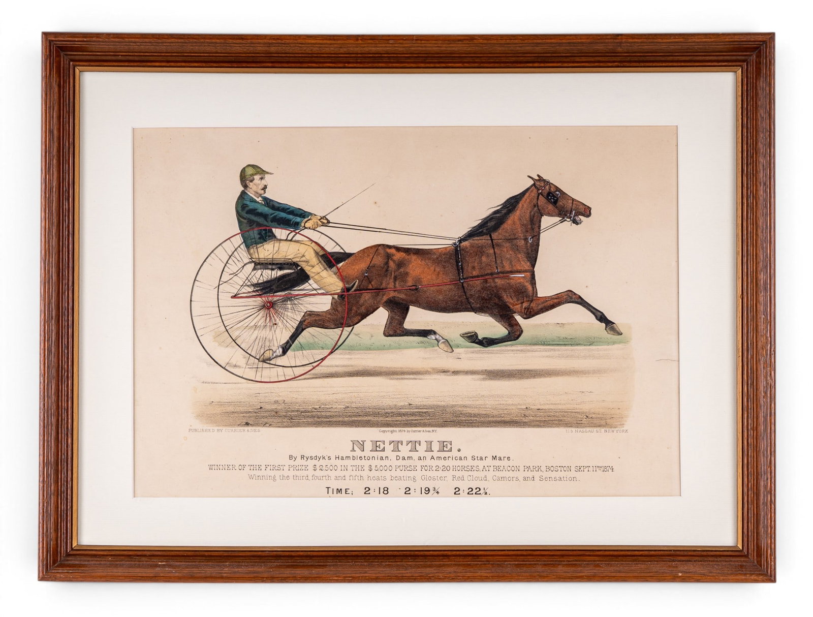19th C Currier & Ives Nettie Color Lithograph: Antique 1874 hand colored Currier and Ives lithograph titled 'Nettie' depicting a champion harness racing trotter driven in a two-wheeled sulky, includes race stats. Frame measures approx. 15.5" H x