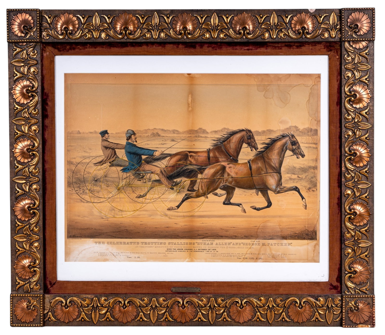 19thC Currier & Ives Horse Racing Color Lithograph: A 19th C framed and hand colored Currier and Ives lithograph, originally drawn by Louis Maurer, depicting the celebrated trotting stallions Ethan Allen and George M. Patchen competing in their legacy 