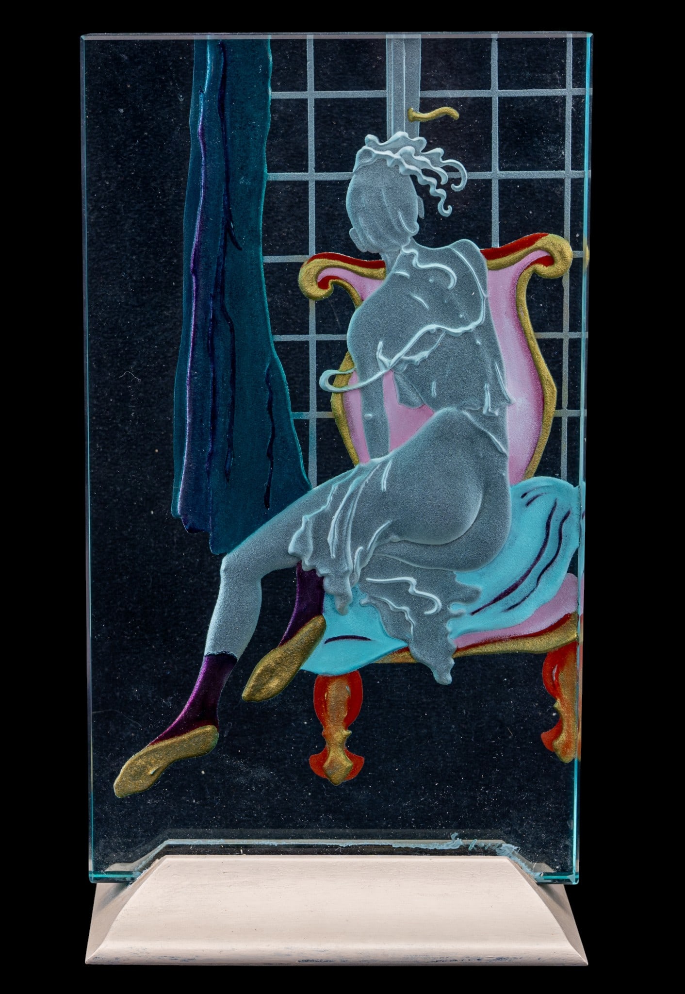 Art Nouveau Reverse Glass Painted Panel: Art Nouveau reverse glass hand-painted and etched art glass panel depicting a woman seated by a window. Age and artist are unknown. Measures approx. 6.75" W x 12.5" H x 4.25" D at base.