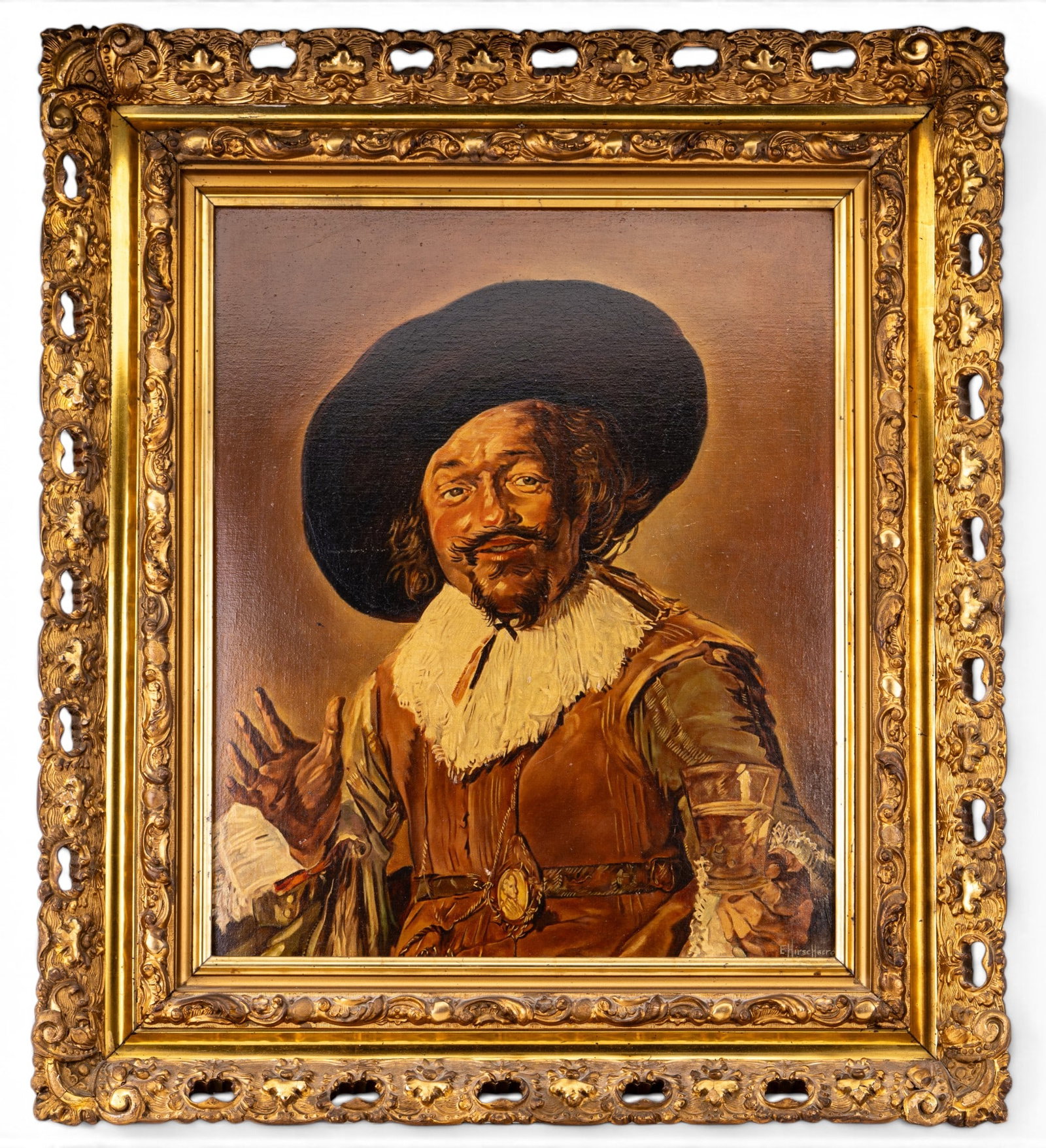 The Merry Drinker O/b After Frans Hals: Oil on board painting after the original "The Merry Drinker" by painter Franse Hals. Signed E. Hirse Hoerger (or similar) to lower right. Measures approx. 28.5" W x 32.75" H OD. Housed in gilded frame