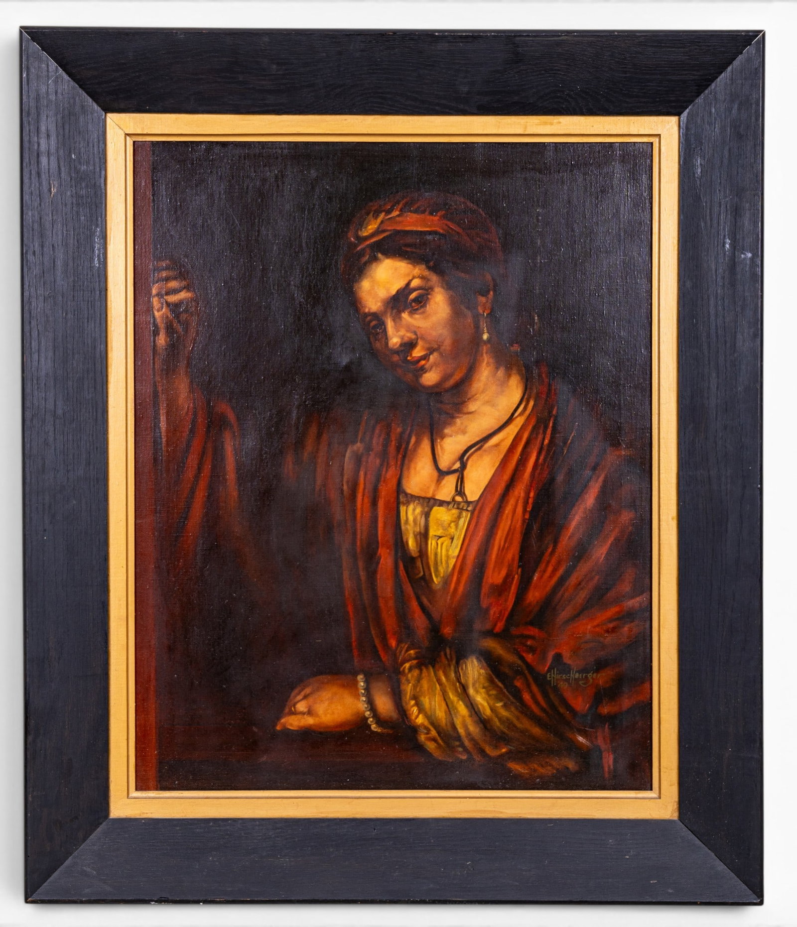 Signed '49 Painting in style of Rembrandt: Oil on board painting after the original Hendrickje Stoffles in a Doorway by Rembrandt van Rijin. Signed E. Hirschberger (or similar) to lower right and dated 49'. Measures approx. 33" W x 39" H OD.