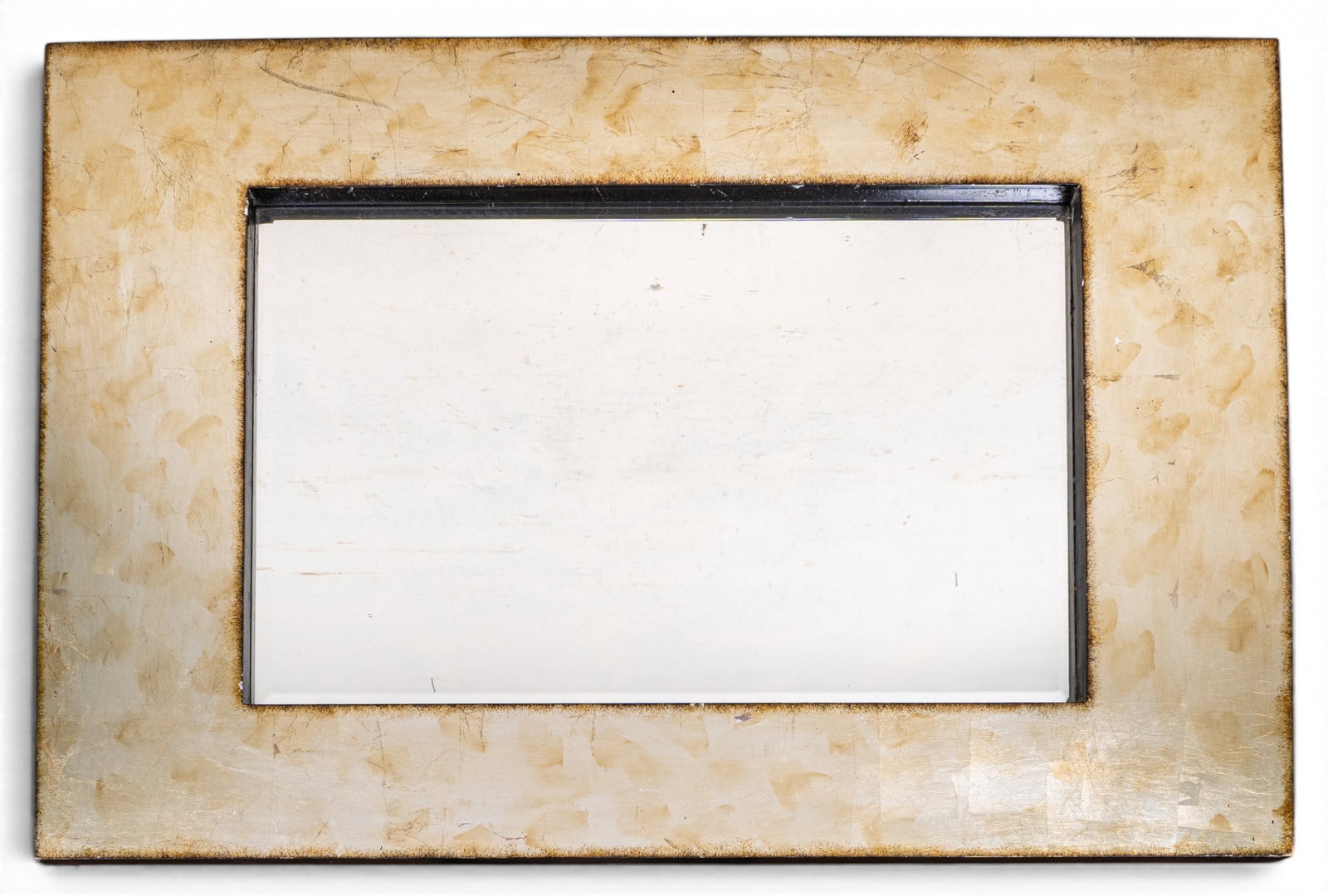 Pier One Imports Wall Mirror: Pier One Imports contemporary black mirror with gold foil finish. Some surface scratching to finish, some touch-up needed. Measures approx. 32" W x 48" H OD.