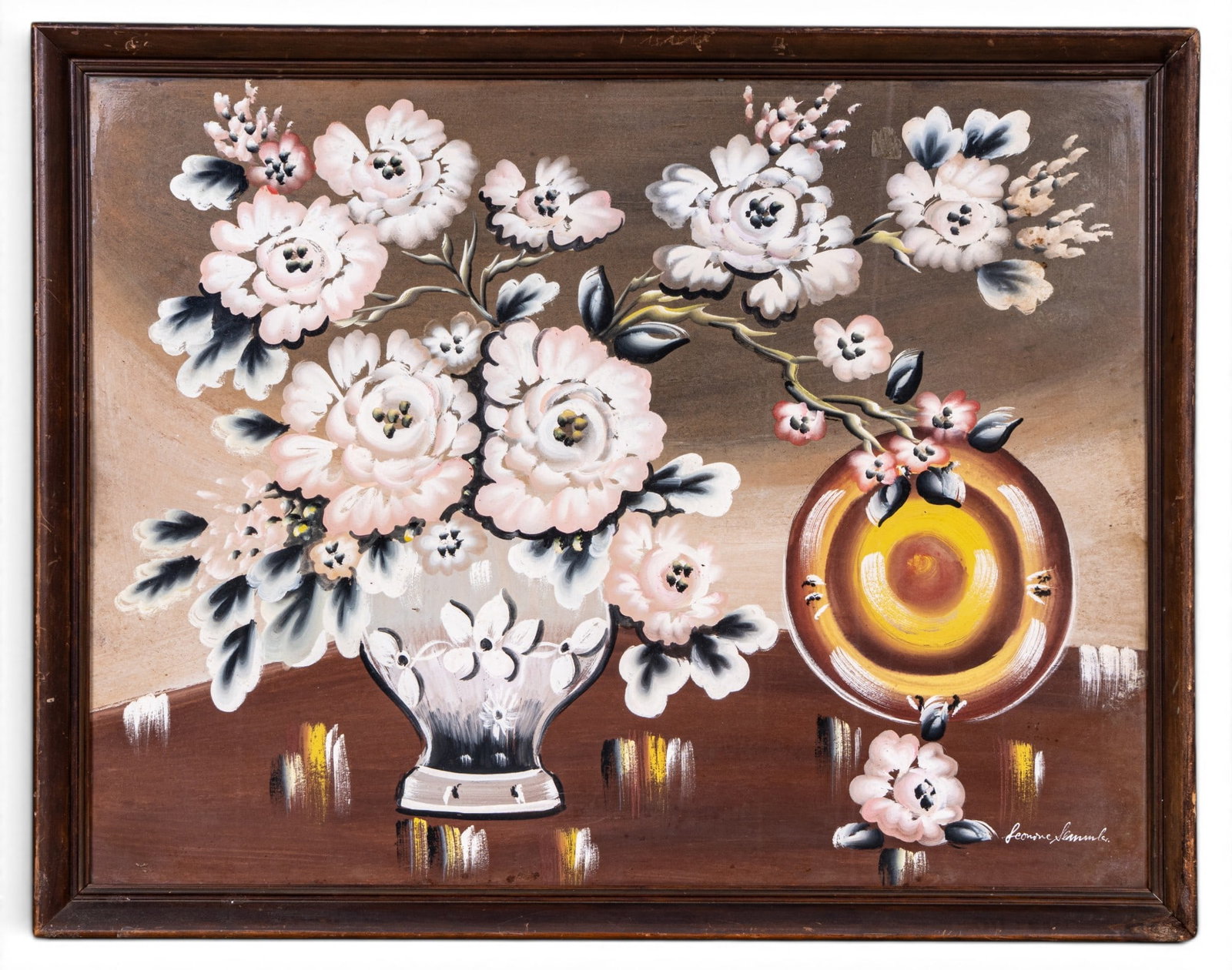 Framed Watercolor Still Life Painting, Signed: Original watercolor painting depicting a large floral still life with pink and white blossoms arranged in a vase. Signed to lower right. Housed and framed under glass. Measures approx. 36.5" W x 28.5"
