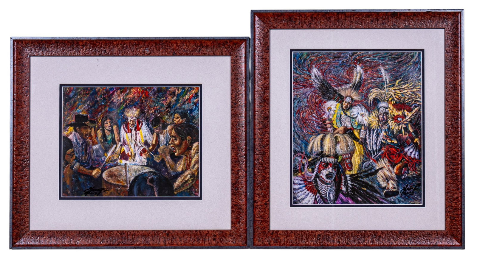 Pair of Signed Zinour Fathoullin Art Prints: Two framed art prints by Siberian-Canadian artist Zinour Fathoullin, each featuring a colorful figural composition and signed by the artist in marker. Housed in matching frames. Larger one measures ap