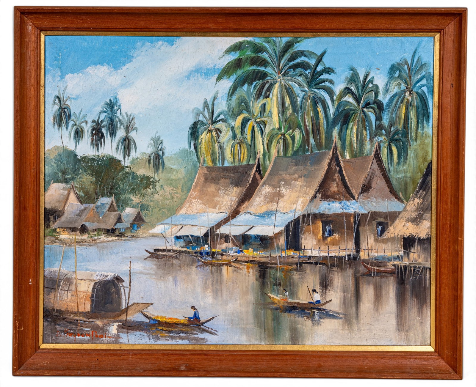 Framed O/c River Village Scene, Signed: Original oil on canvas painting depicting a river-side village scene with boats, figures, and huts along a dock. Signed illegibly to lower left in red. Housed in wooden frame with inner gilt border. M