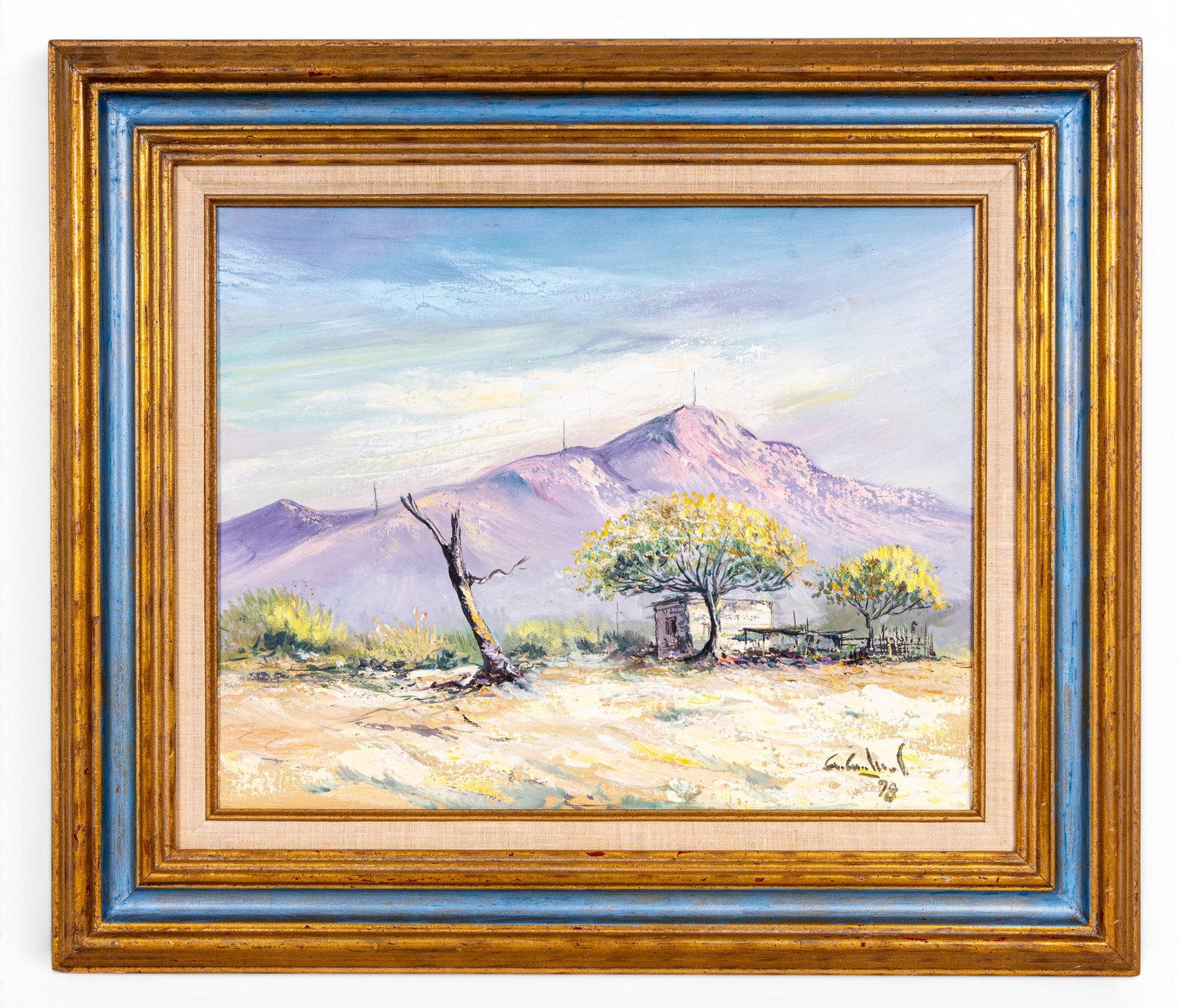 Landscape O/c Antonio Arellanes: Framed landscape oil on canvas painting depicting a rural desert setting with mountains, trees, and a small dwelling. Signed lower right and dated 1978. Inscribed to the reverse stretcher " By Antonio